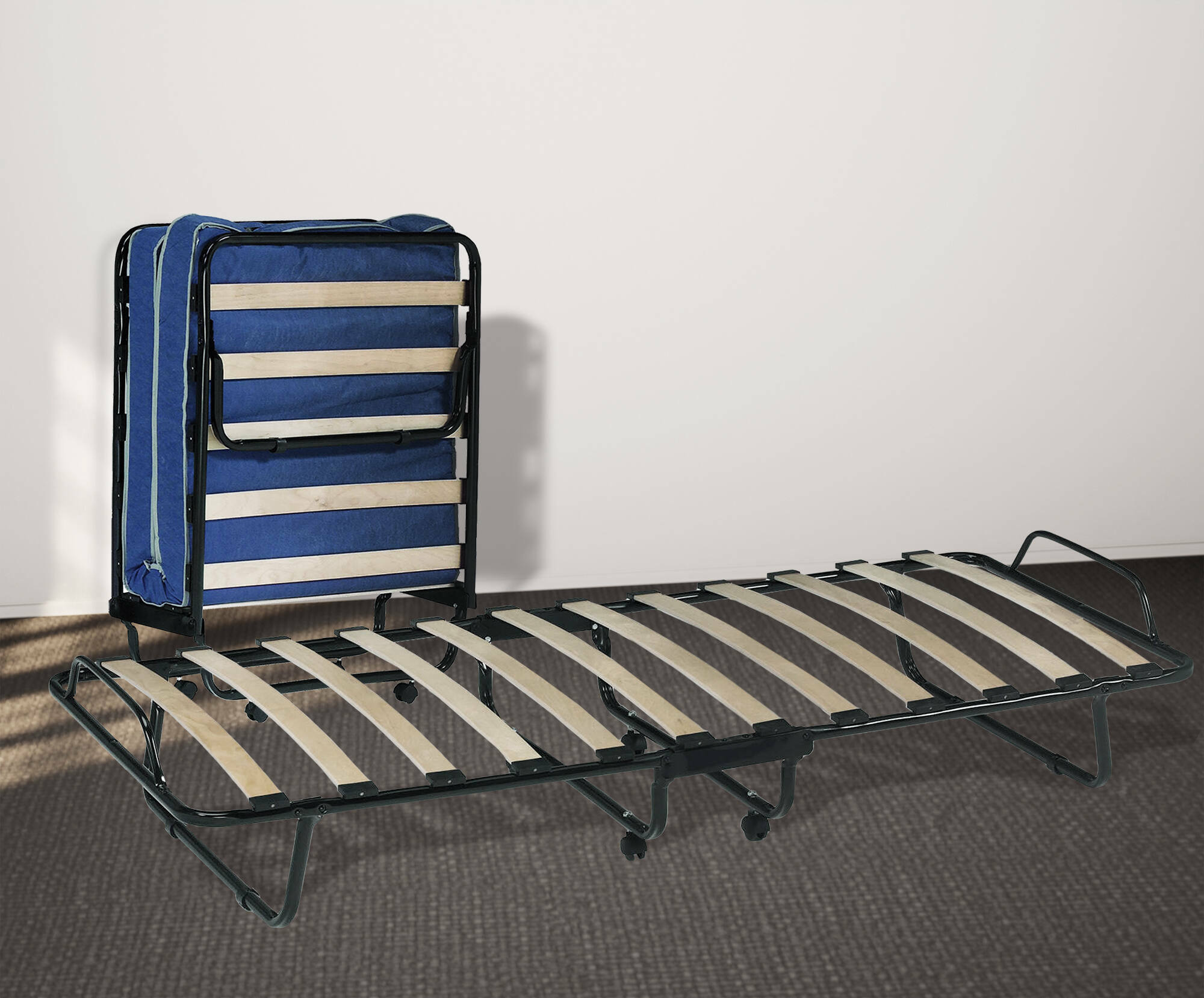 Letto pieghevole 0, Brandina con rete a doghe e materasso incluso, Letto con ruote, Cm 190x80h30, Cm 190x80h30