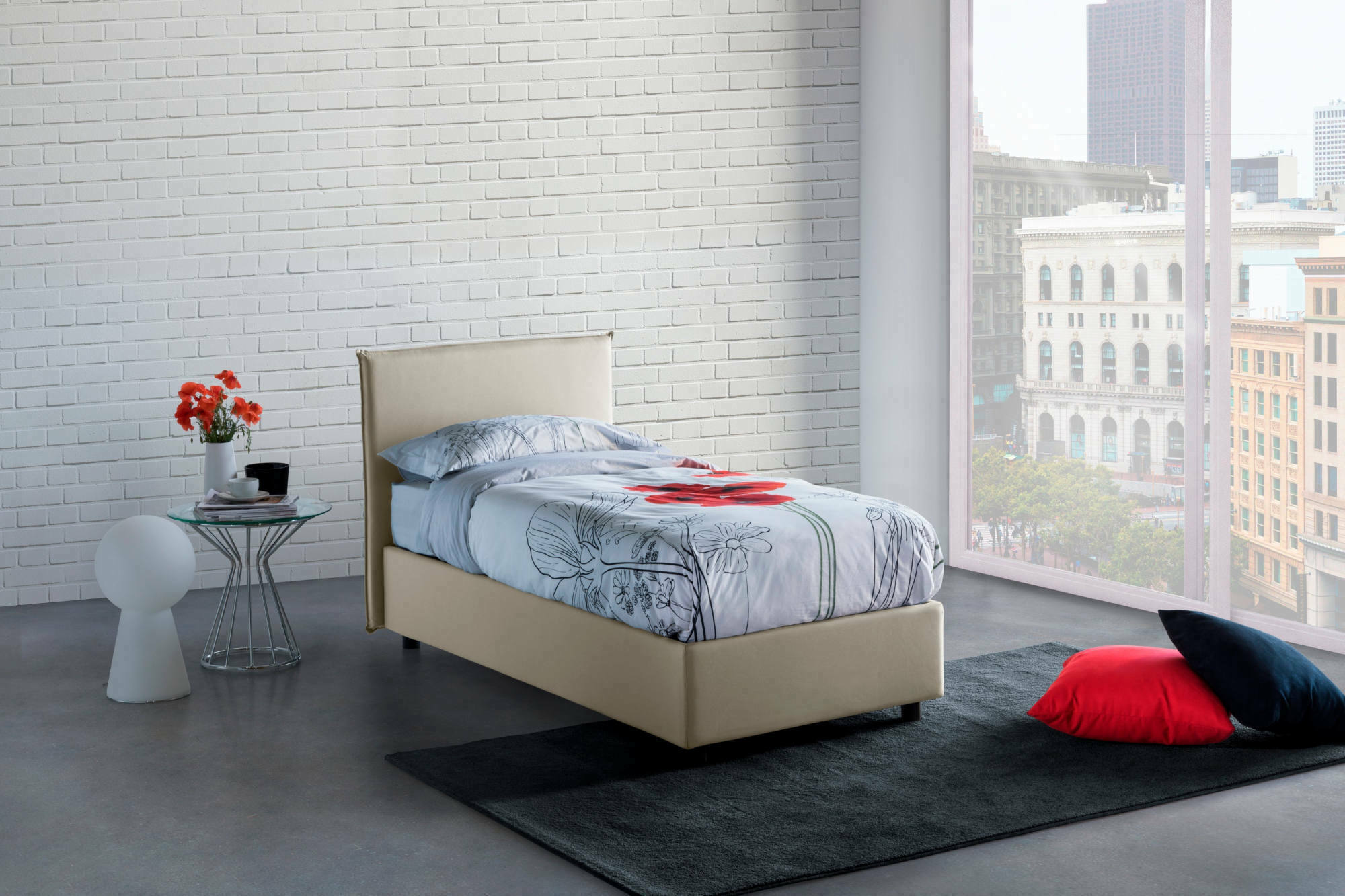 Letto singolo Aquilla, Letto contenitore con rivestimento in tessuto, Made in Italy, Apertura frontale, con materasso cm 80x190 incluso, Beige