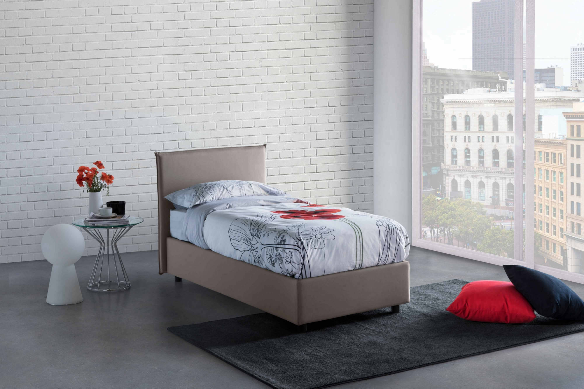 Letto singolo Aquilla, Letto contenitore con rivestimento in tessuto, Made in Italy, Apertura frontale, con materasso cm 80x190 incluso, Tortora