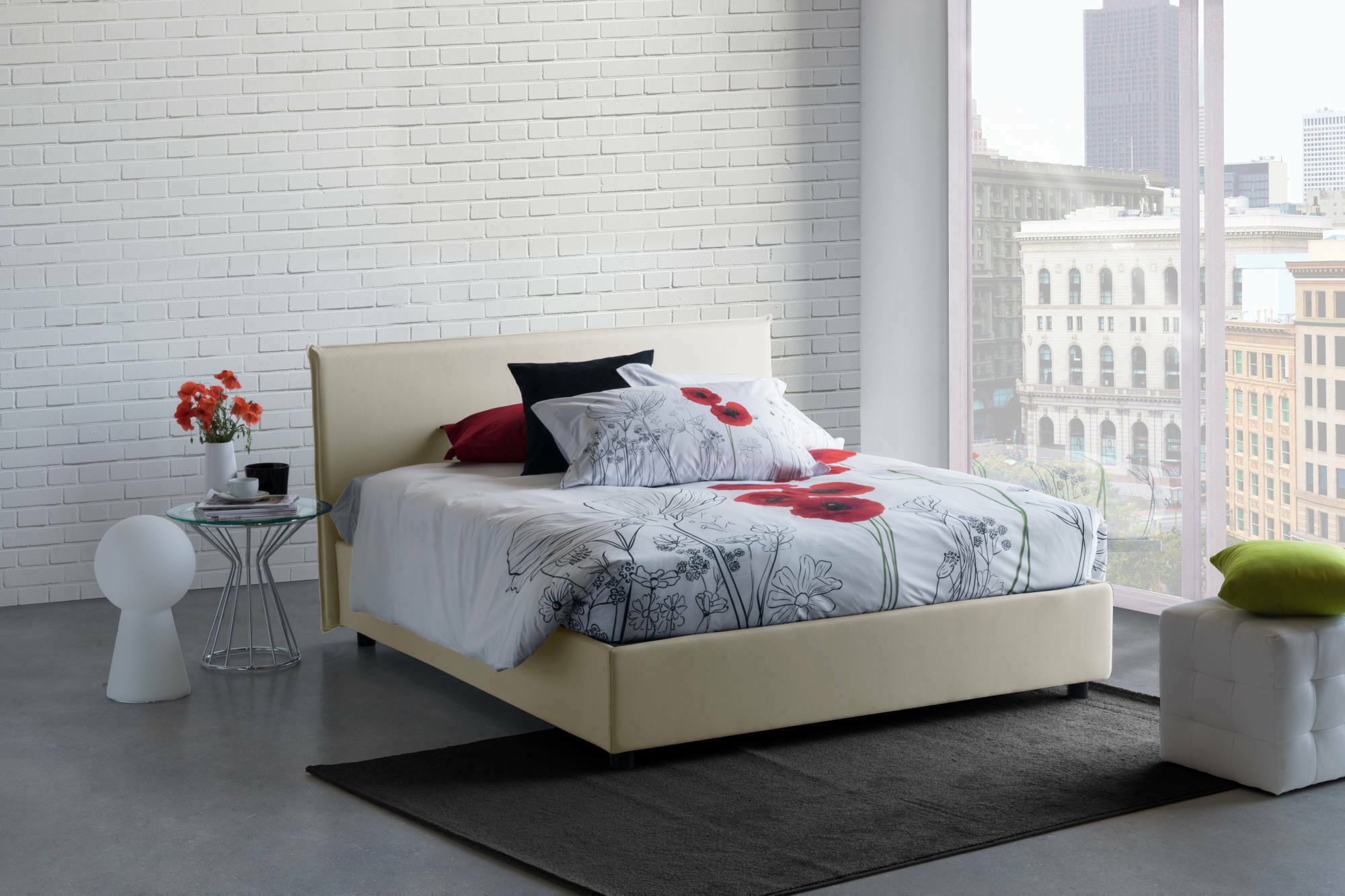 Letto matrimoniale Ashlee, Letto contenitore con rivestimento in tessuto, Made in Italy, Apertura frontale, adatto per materasso cm 160x190, Beige