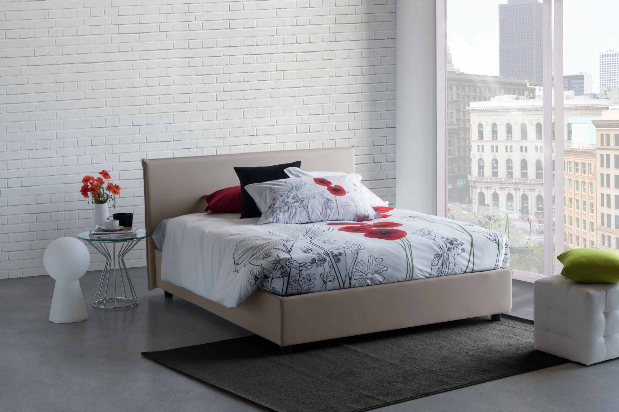 Letto matrimoniale Ashlee, Letto contenitore con rivestimento in tessuto, Made in Italy, Apertura frontale, adatto per materasso cm 160x190, Tortora