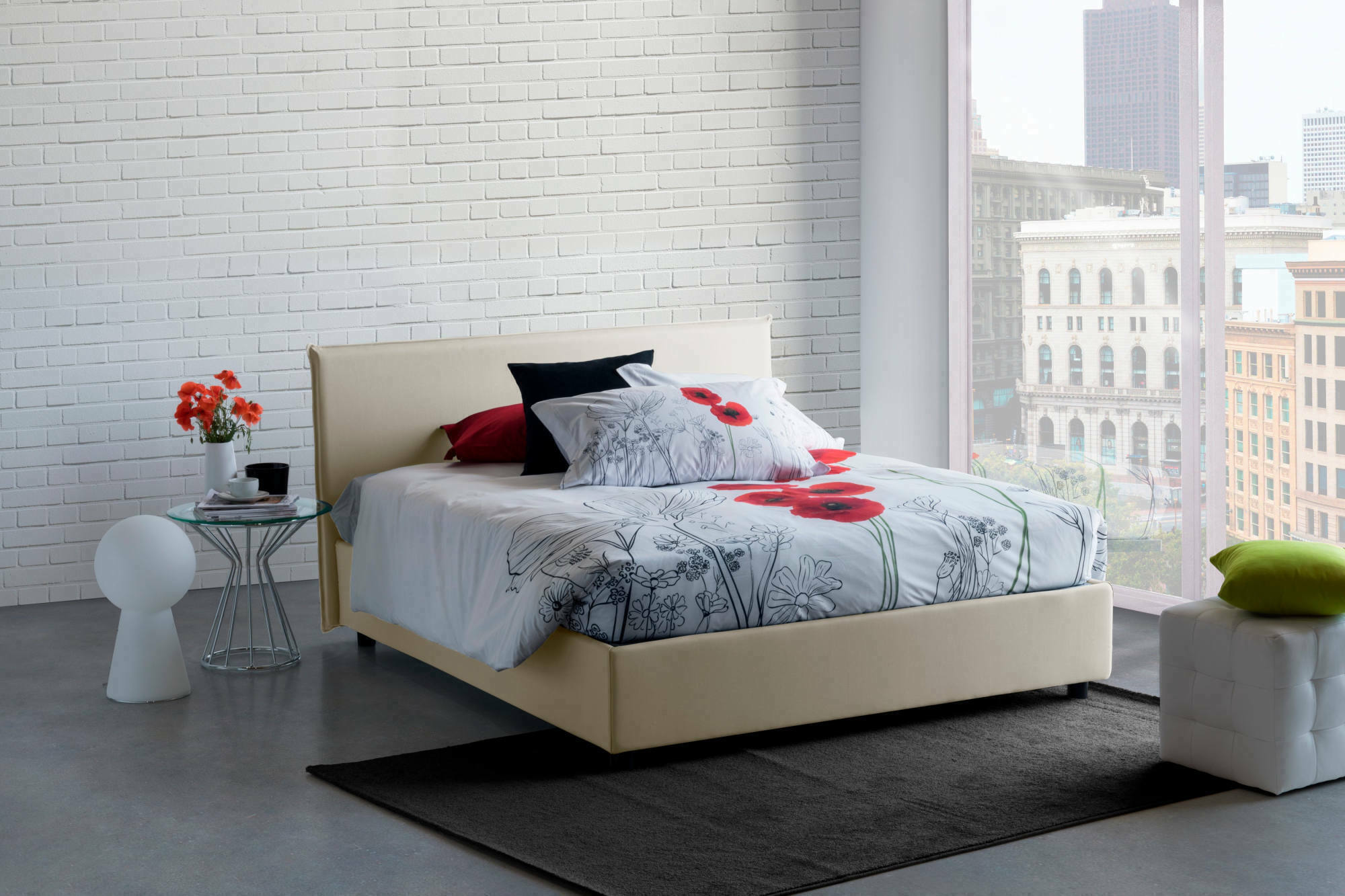 Letto matrimoniale Arcan, Letto contenitore con rivestimento in tessuto, Made in Italy, Apertura frontale, adatto per materasso cm 160x200, Beige