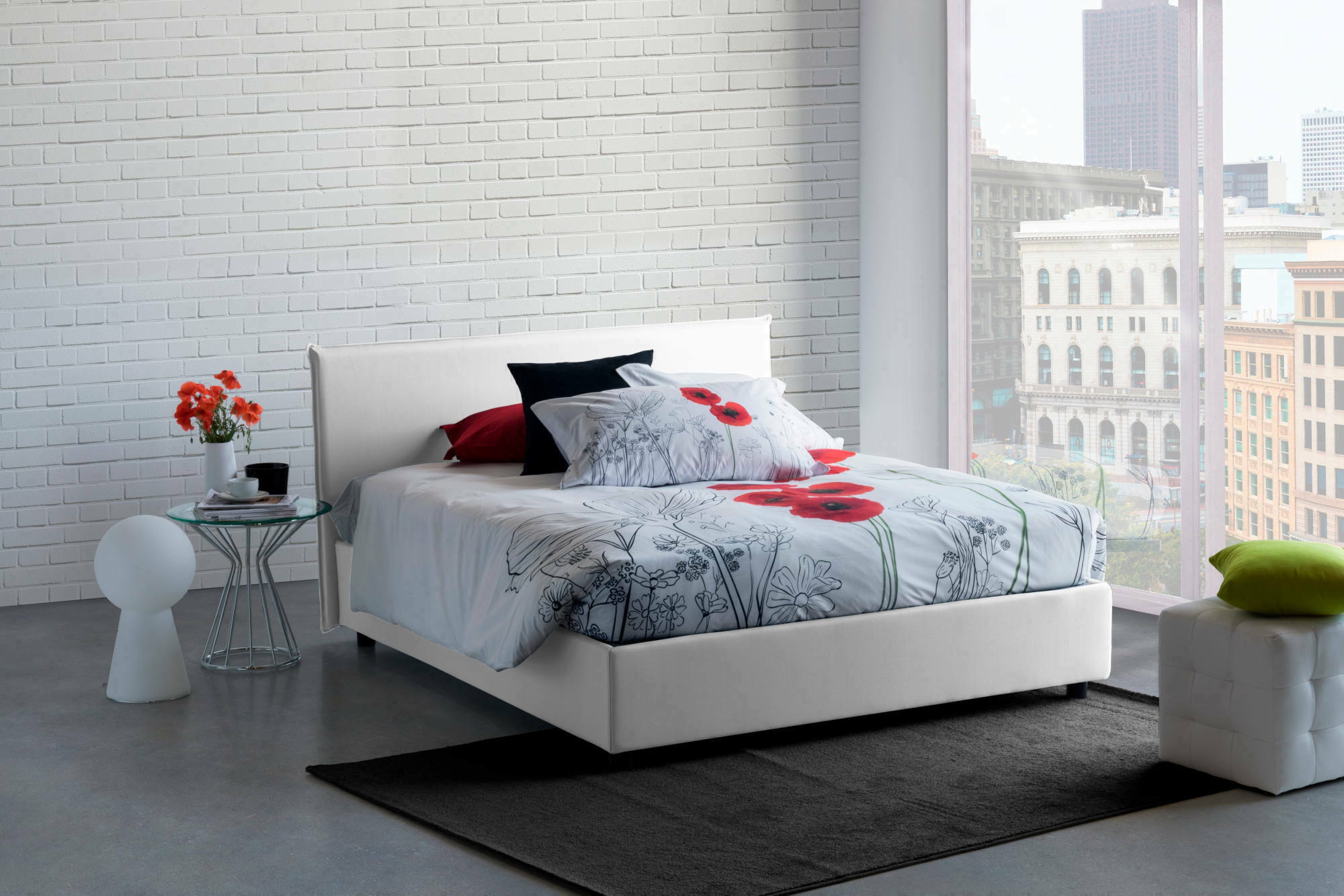 Letto matrimoniale Arcan, Letto contenitore con rivestimento in tessuto, Made in Italy, Apertura frontale, adatto per materasso cm 160x200, Bianco