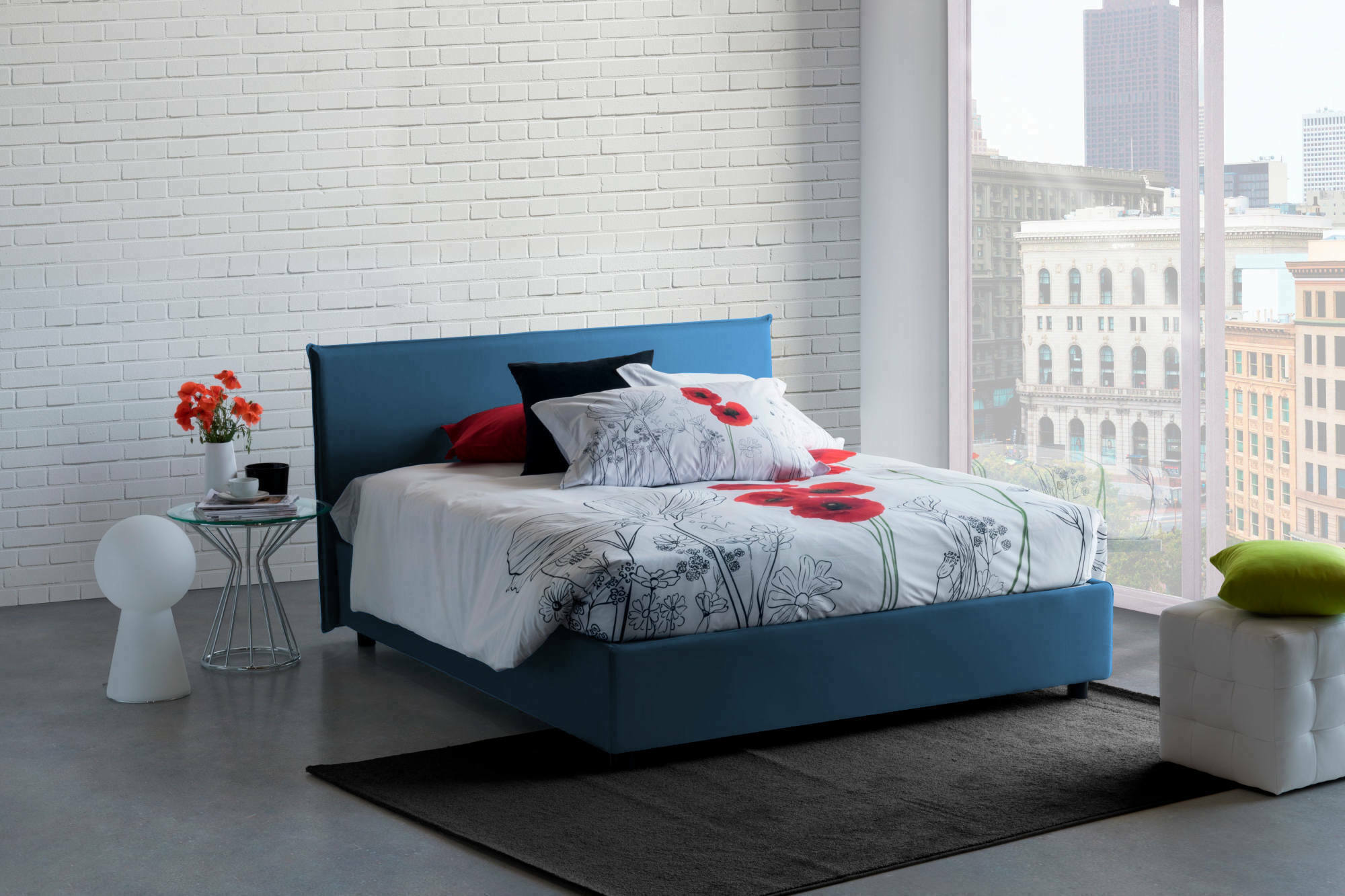 Letto matrimoniale Ariadni, Letto contenitore con rivestimento in tessuto, Made in Italy, Apertura frontale, con materasso cm 160x200 incluso, Blu