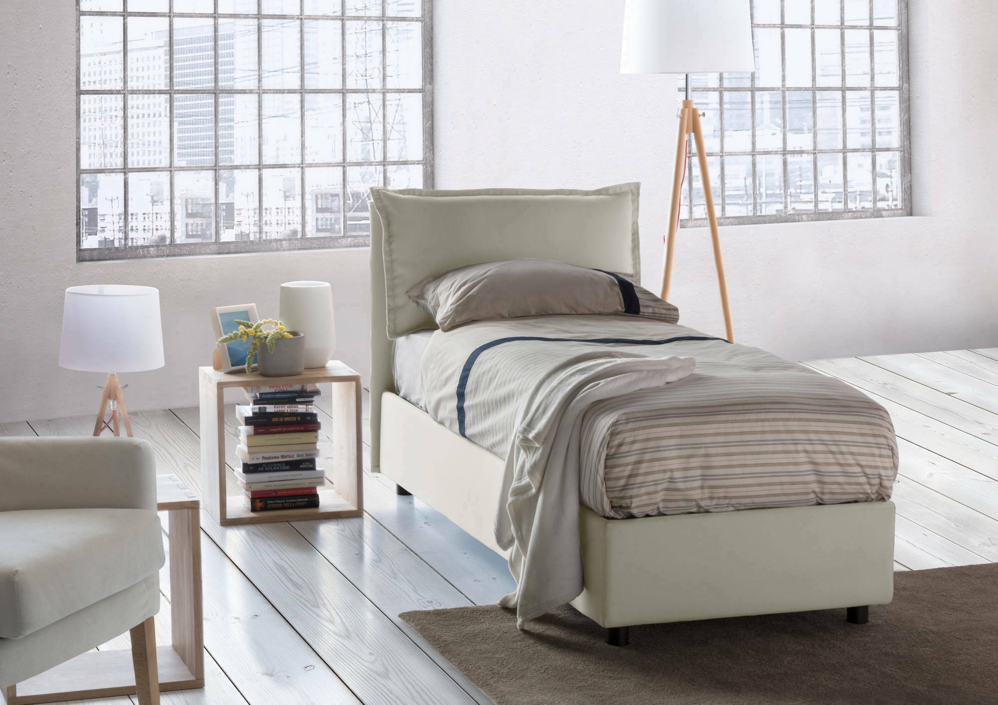Letto singolo Alto, Letto contenitore con rivestimento in tessuto, Made in Italy, Apertura frontale, adatto per materasso cm 80x190, Beige