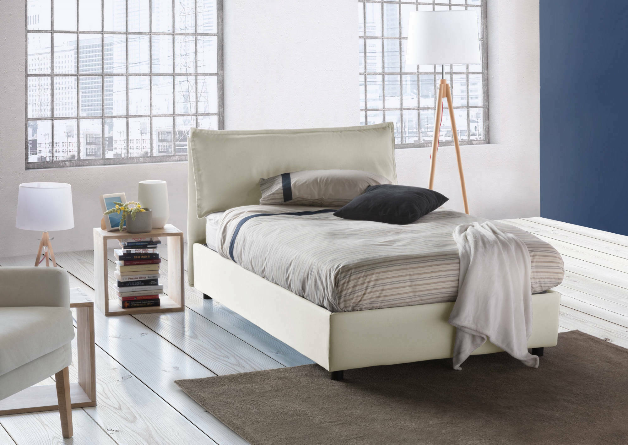 Letto piazza e mezza Asso, Letto contenitore con rivestimento in tessuto, Made in Italy, Apertura frontale, adatto per materasso cm 120x190, Beige