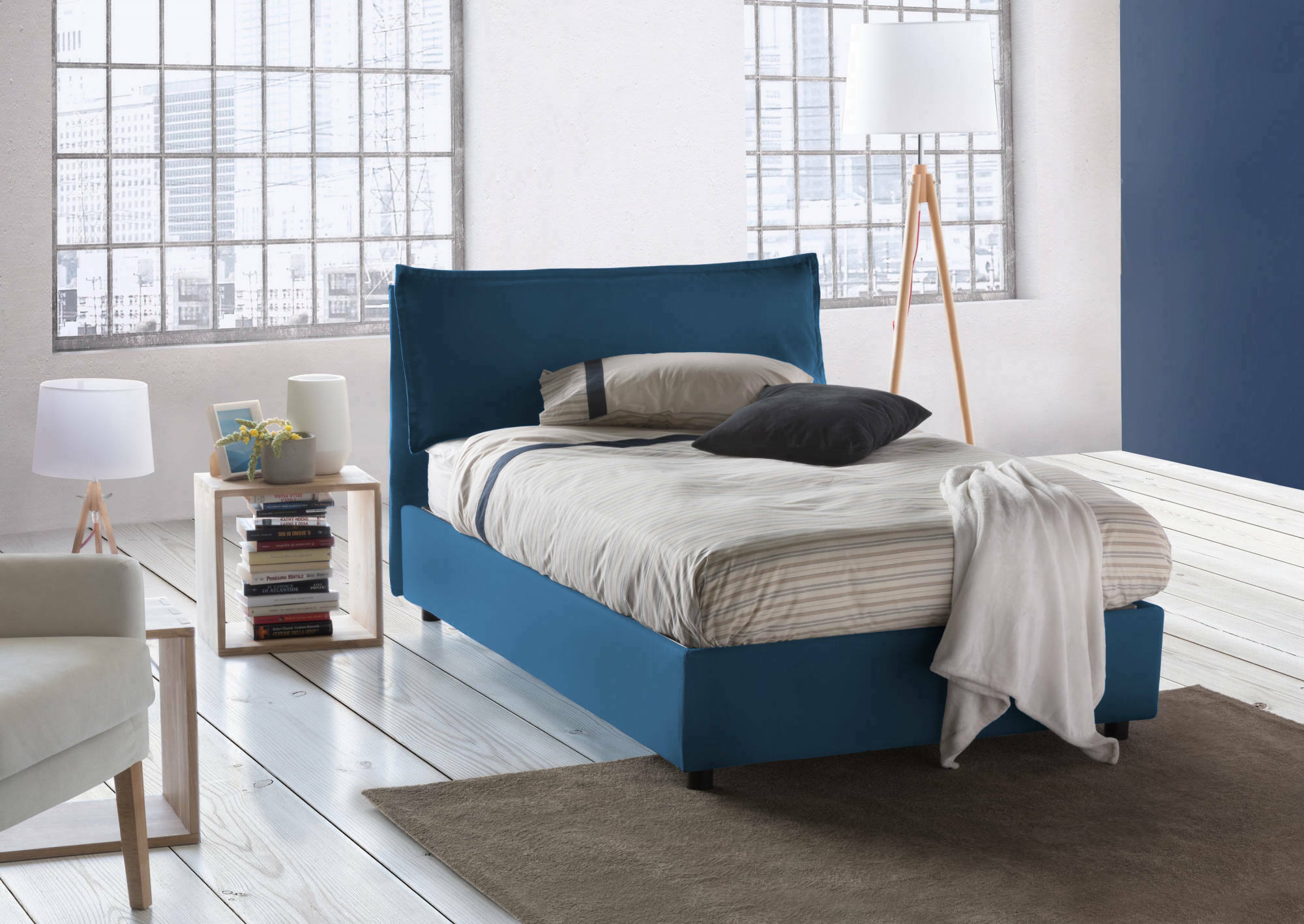 Image of Letto piazza e mezza Asso, Letto contenitore con rivestimento in tessuto, Made in Italy, Apertura frontale, adatto per materasso cm 120x190, Blu