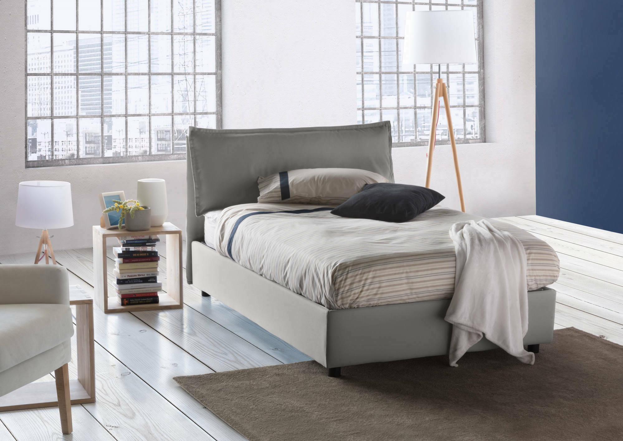 Letto piazza e mezza Attinia, Letto contenitore con rivestimento in tessuto, Made in Italy, Apertura frontale, con materasso cm 120x190 incluso, Grigio