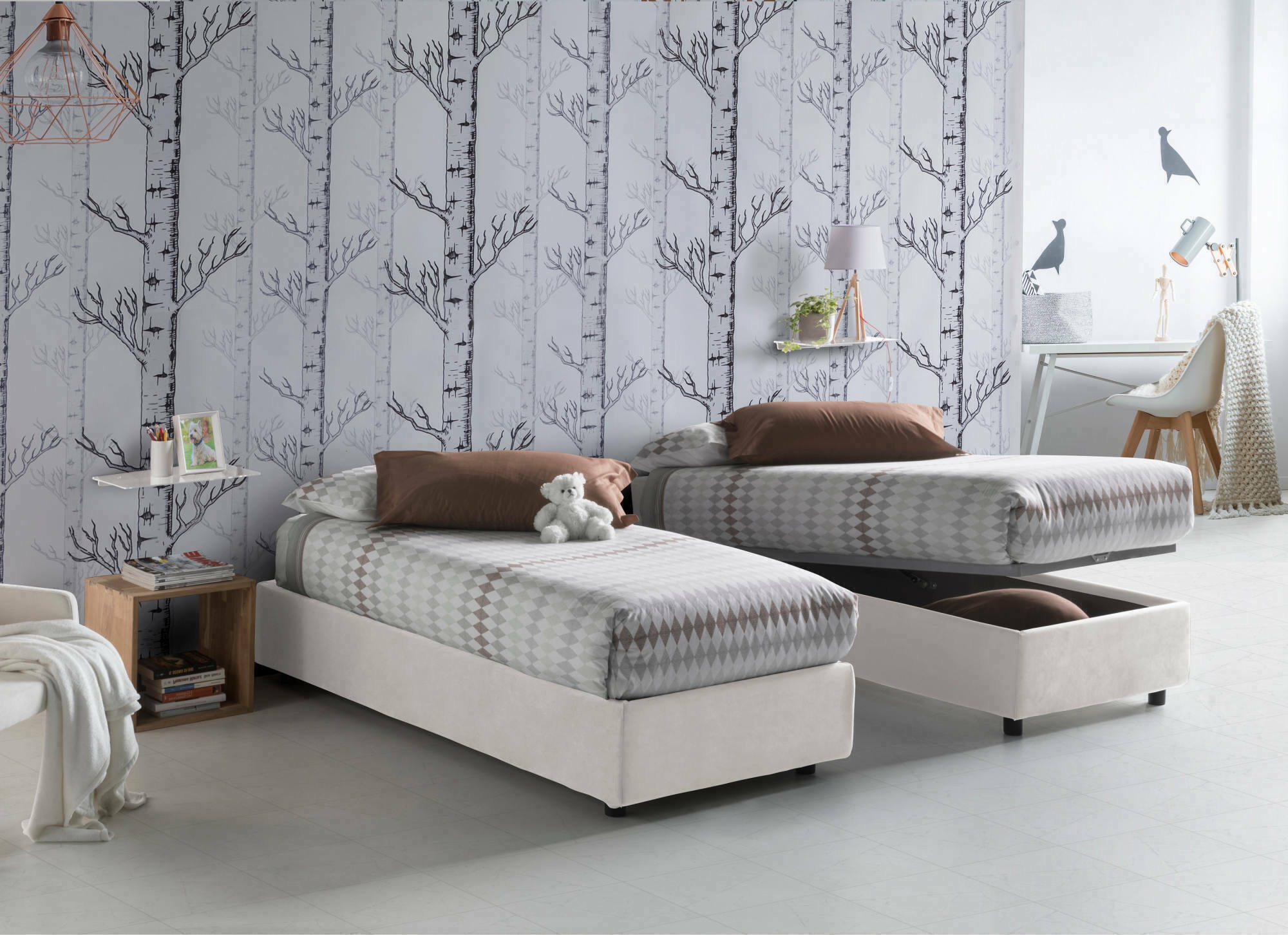 Letto singolo Aquolina, Letto contenitore con rivestimento in tessuto, Made in Italy, Apertura frontale, adatto per materasso cm 80x190, Bianco