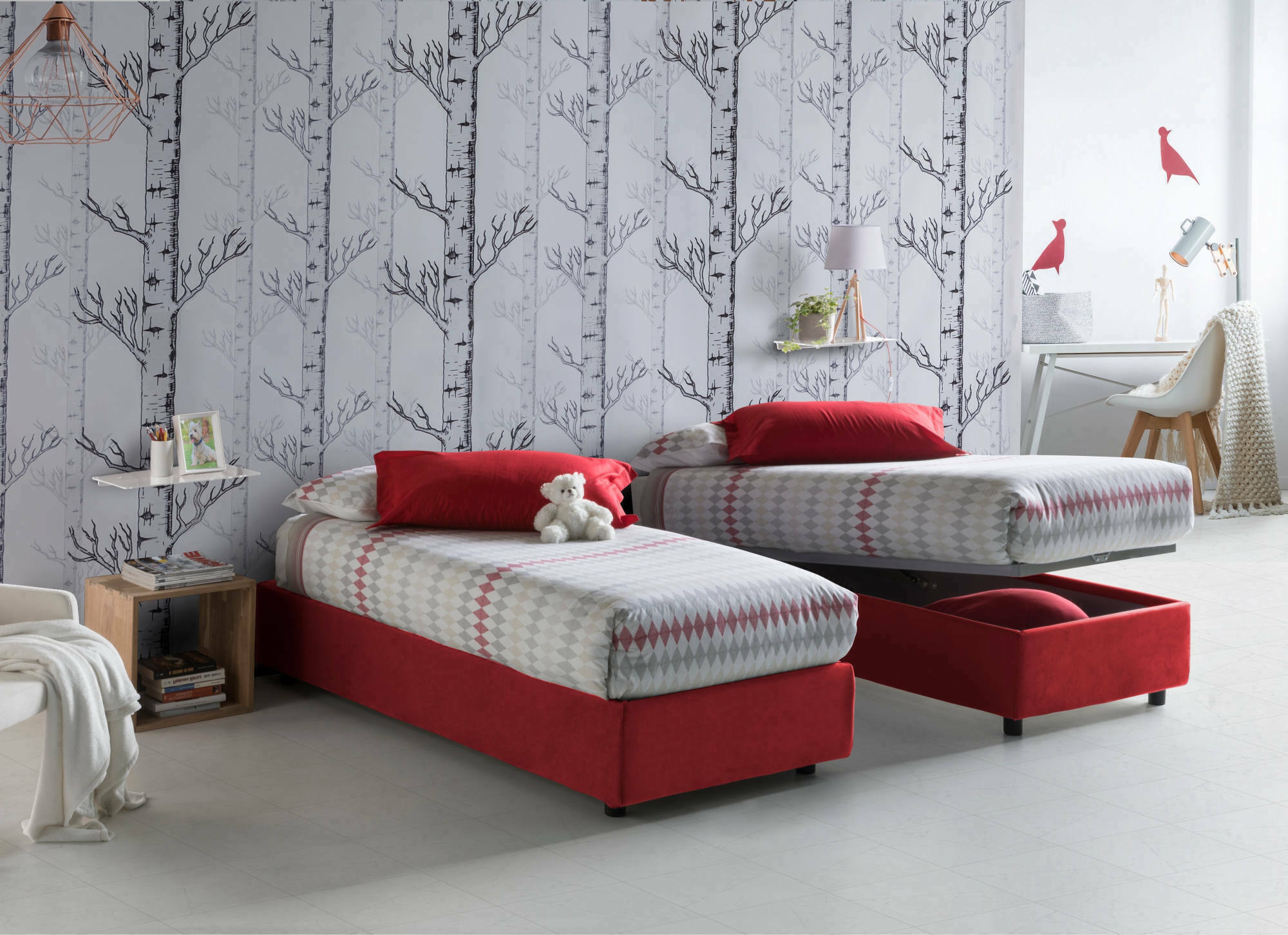 Letto singolo Agenta, Letto contenitore con rivestimento in tessuto, Made in Italy, Apertura frontale, con materasso cm 80x190 incluso, Rosso