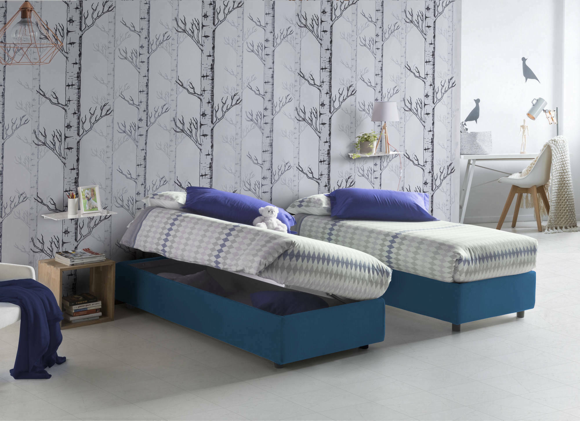 Letto singolo Adoxa, Letto contenitore con rivestimento in tessuto, Made in Italy, Apertura laterale, adatto per materasso cm 80x190, Blu