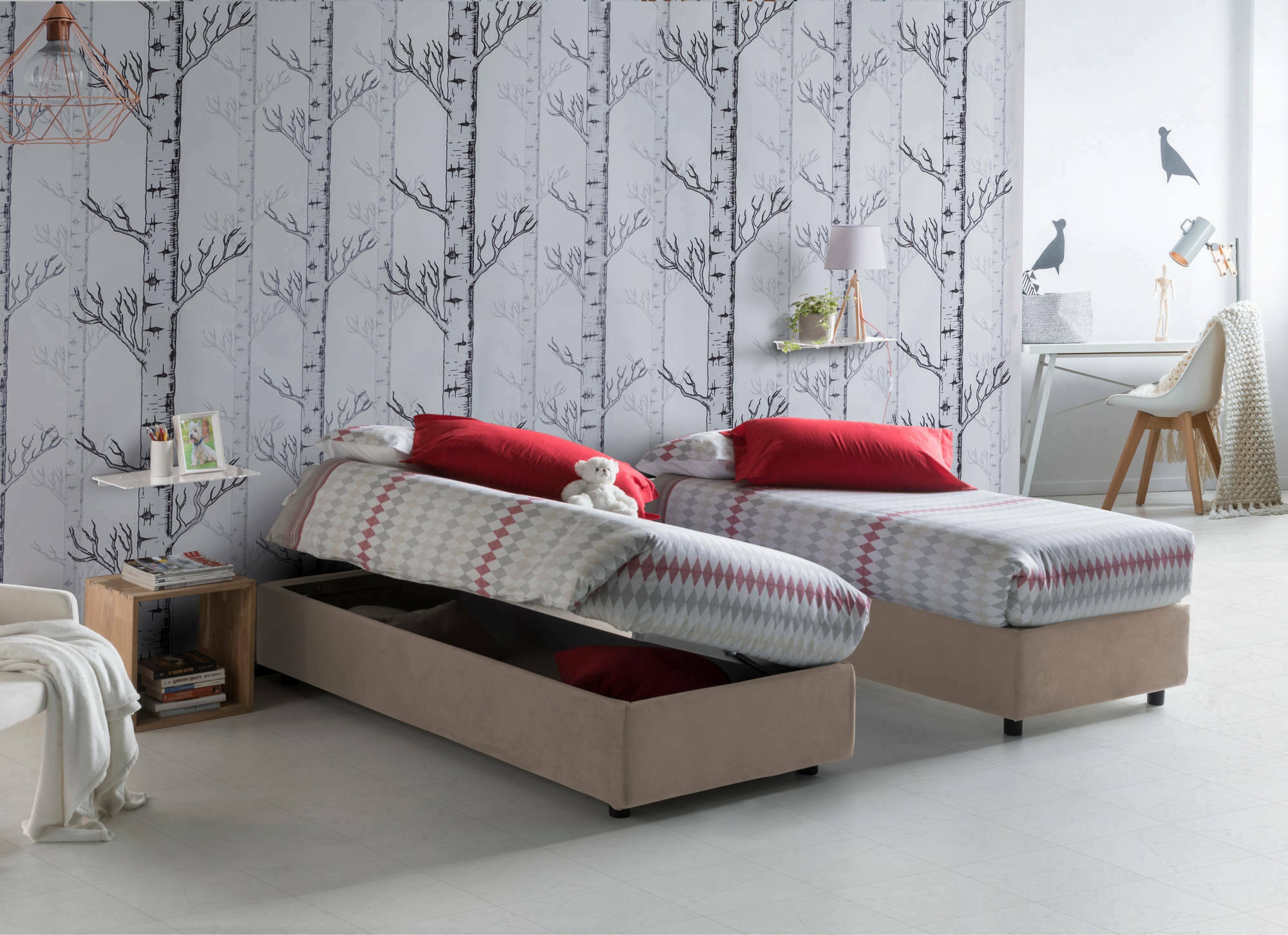 Letto singolo Abbi, Letto contenitore con rivestimento in tessuto, Made in Italy, Apertura laterale, con materasso cm 80x190 incluso, Tortora