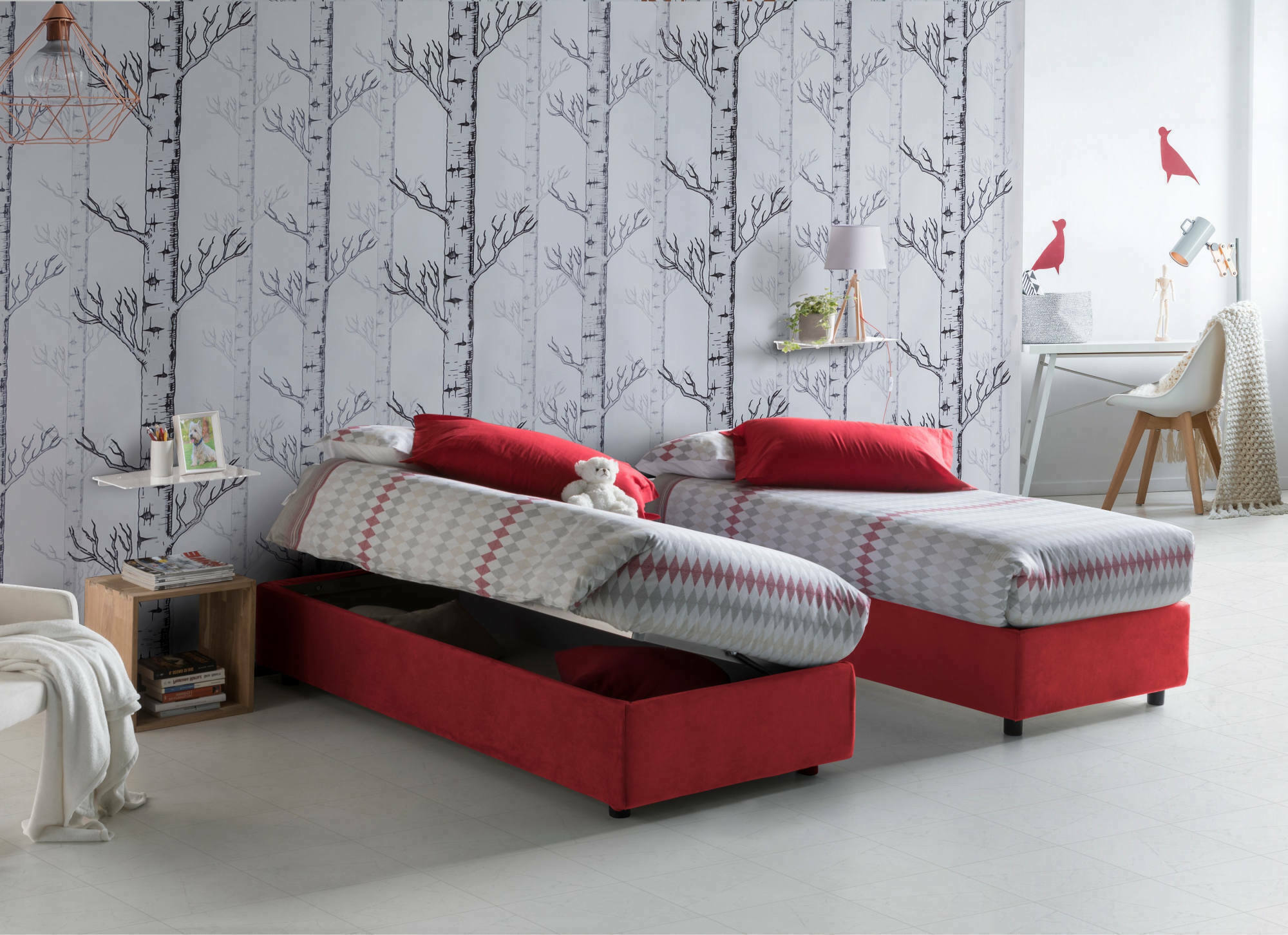 Letto singolo Abbi, Letto contenitore con rivestimento in tessuto, Made in Italy, Apertura laterale, con materasso cm 80x190 incluso, Rosso