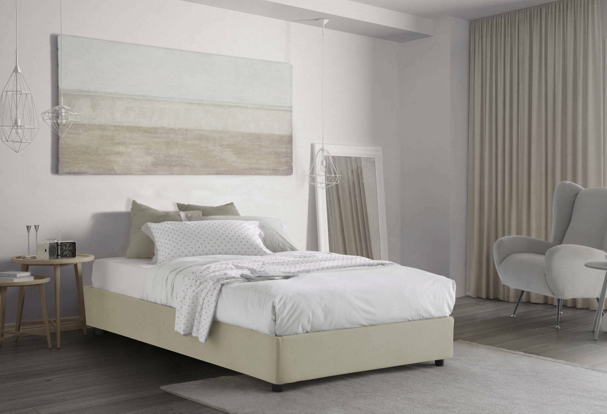 Letto piazza e mezza Alvise, Letto contenitore con rivestimento in tessuto, Made in Italy, Apertura frontale, con materasso cm 120x190 incluso, Beige