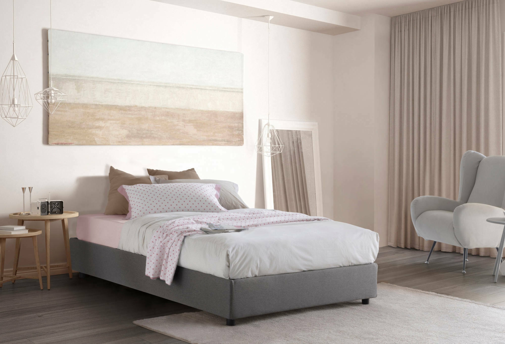 Letto piazza e mezza Alvise, Letto contenitore con rivestimento in tessuto, Made in Italy, Apertura frontale, con materasso cm 120x190 incluso, Grigio