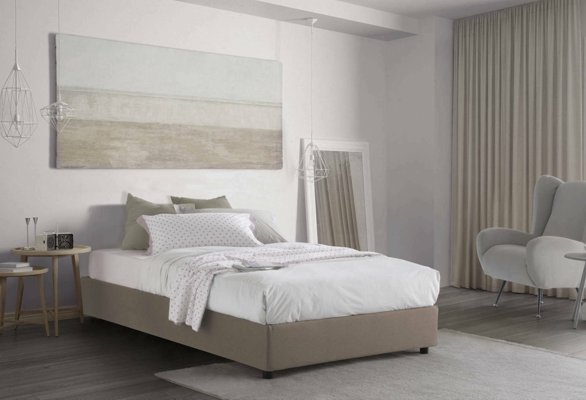 Letto piazza e mezza Alvise, Letto contenitore con rivestimento in tessuto, Made in Italy, Apertura frontale, con materasso cm 120x190 incluso, Tortora