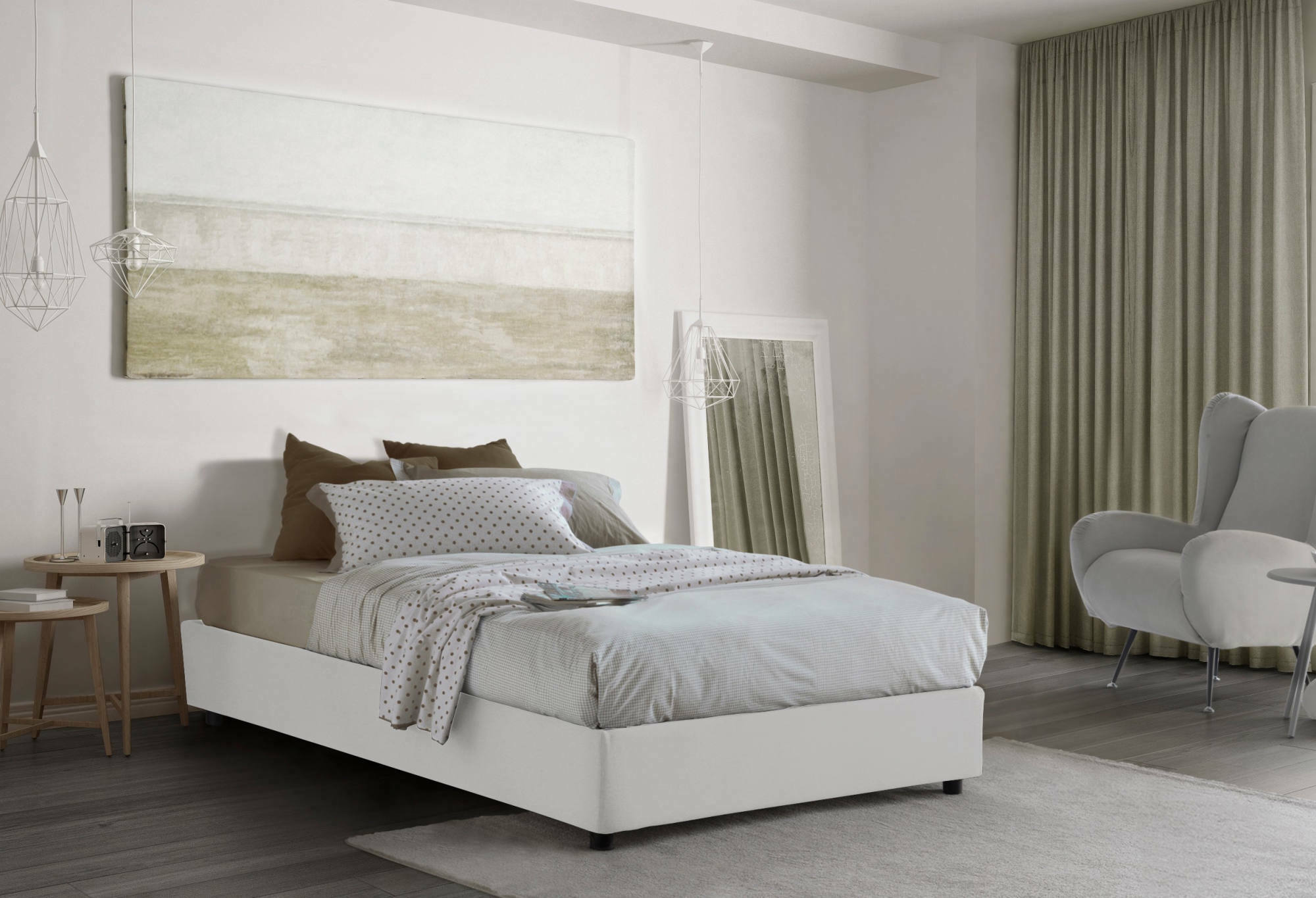 Letto piazza e mezza Alvise, Letto contenitore con rivestimento in tessuto, Made in Italy, Apertura frontale, con materasso cm 120x190 incluso, Bianco