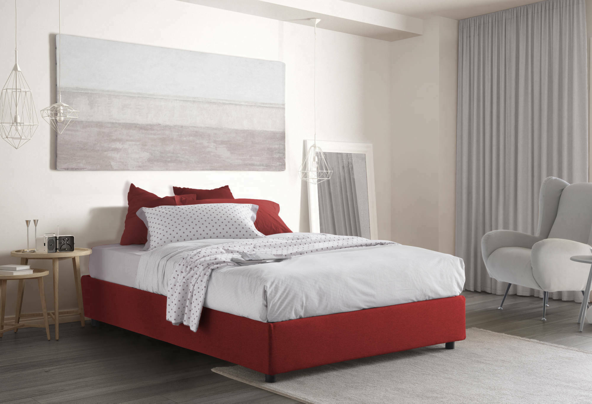 Letto matrimoniale Annibale, Letto contenitore con rivestimento in tessuto, Made in Italy, Apertura frontale, adatto per materasso cm 160x190, Rosso
