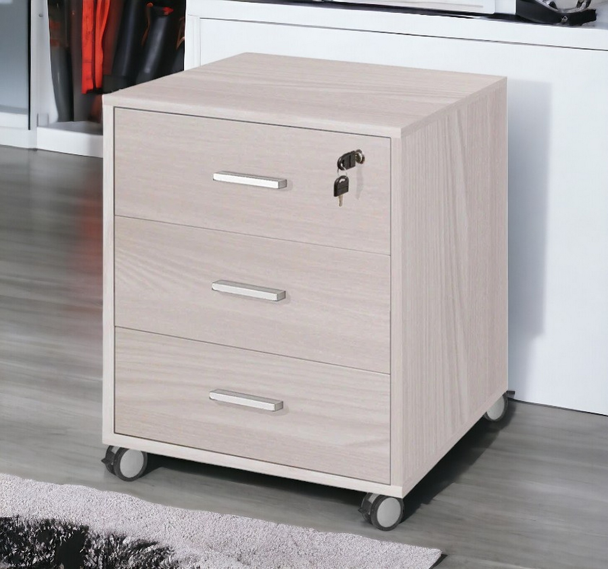 Image of Cassettiera da ufficio a 3 cassetti su ruote, Mobiletto portadocumenti, Comodino elegante da scrivania, cm 50x41h70, colore Rovere