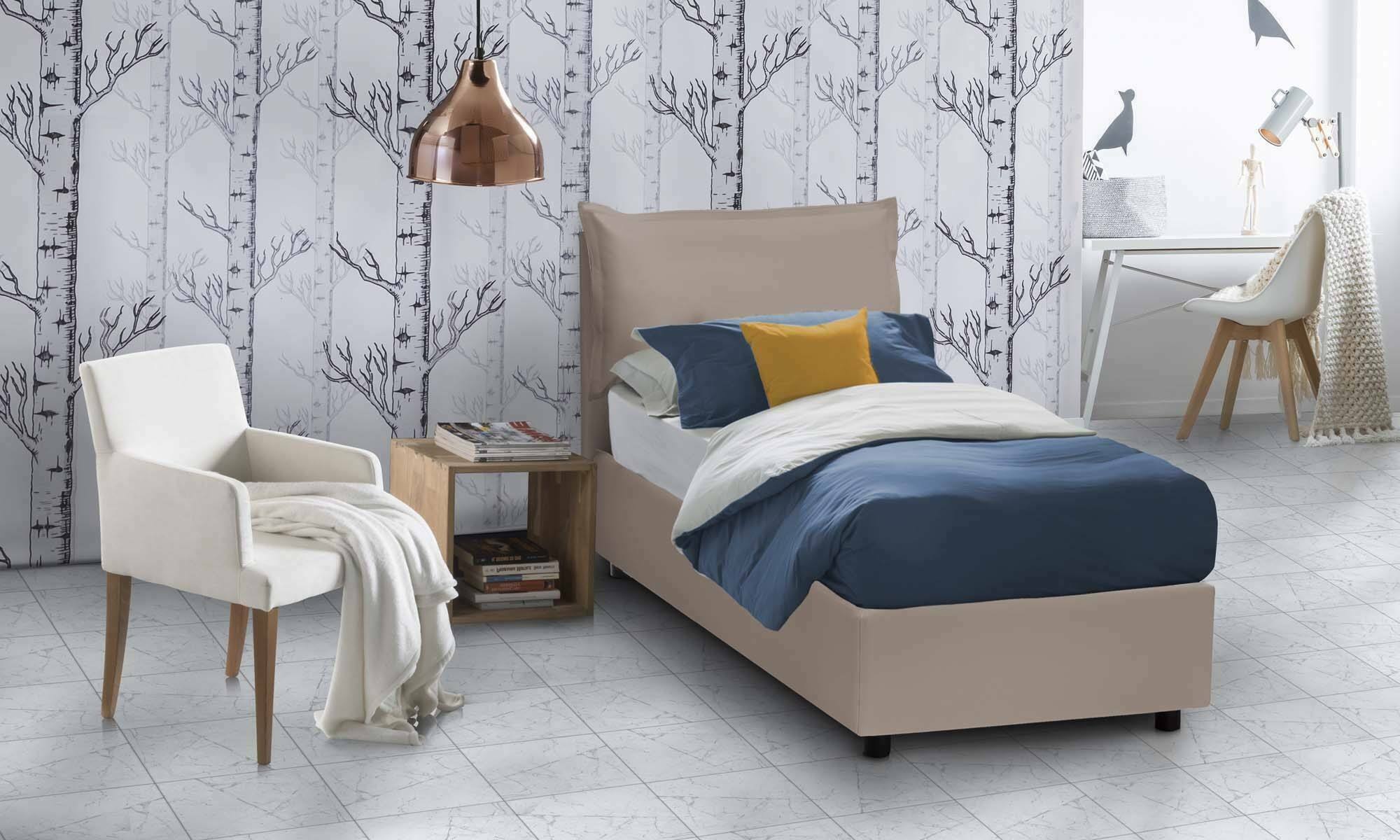 Letto singolo Janet, Letto contenitore con rivestimento in ecopelle, Made in Italy, Apertura frontale, con materasso cm 80x190 incluso, Tortora