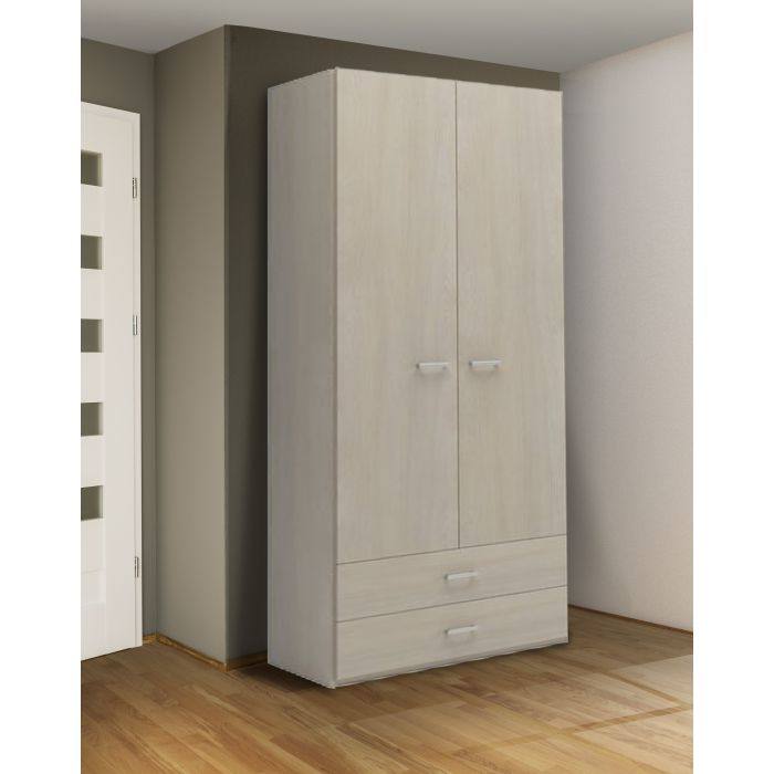 Guardaroba 0, Armadio moderno a 2 ante battenti 2 cassetti, Mobile lineare da camera con tubo appendiabiti , Cm 82x52h210, Olmo