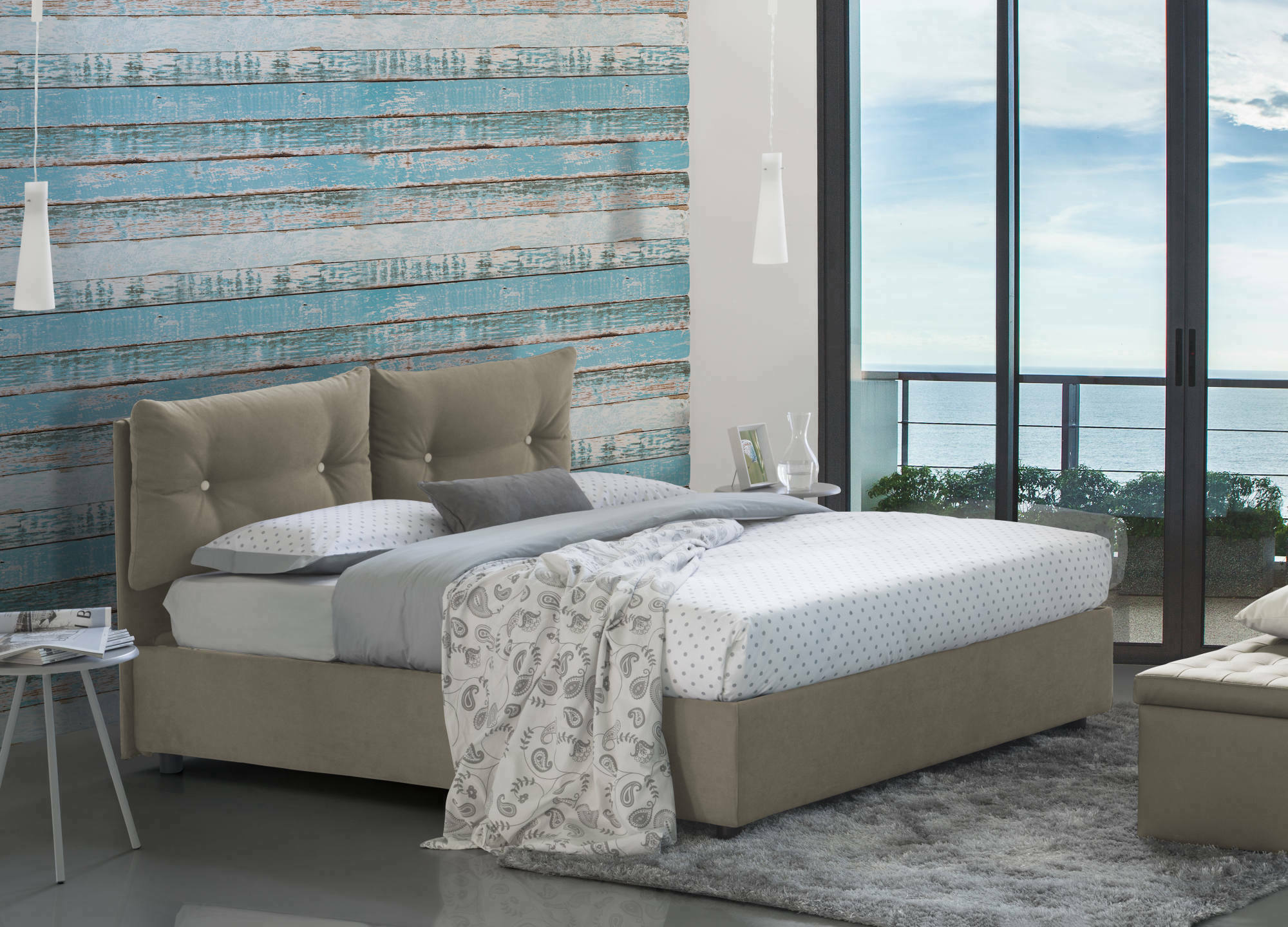 Letto piazza e mezza Arieta, Letto contenitore con rivestimento in tessuto, Made in Italy, Apertura frontale, con materasso cm 120x190 incluso, Tortora