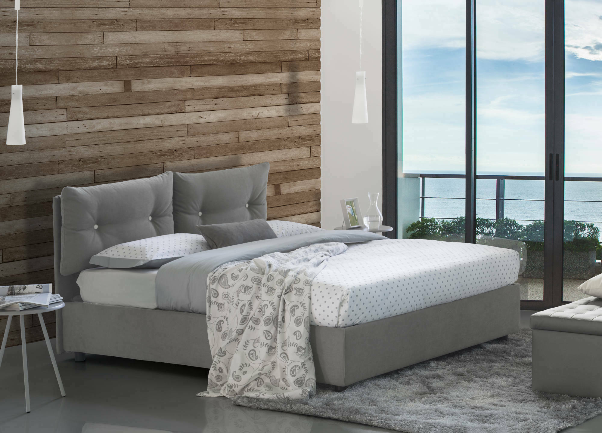 Letto piazza e mezza Arieta, Letto contenitore con rivestimento in tessuto, Made in Italy, Apertura frontale, con materasso cm 120x190 incluso, Grigio