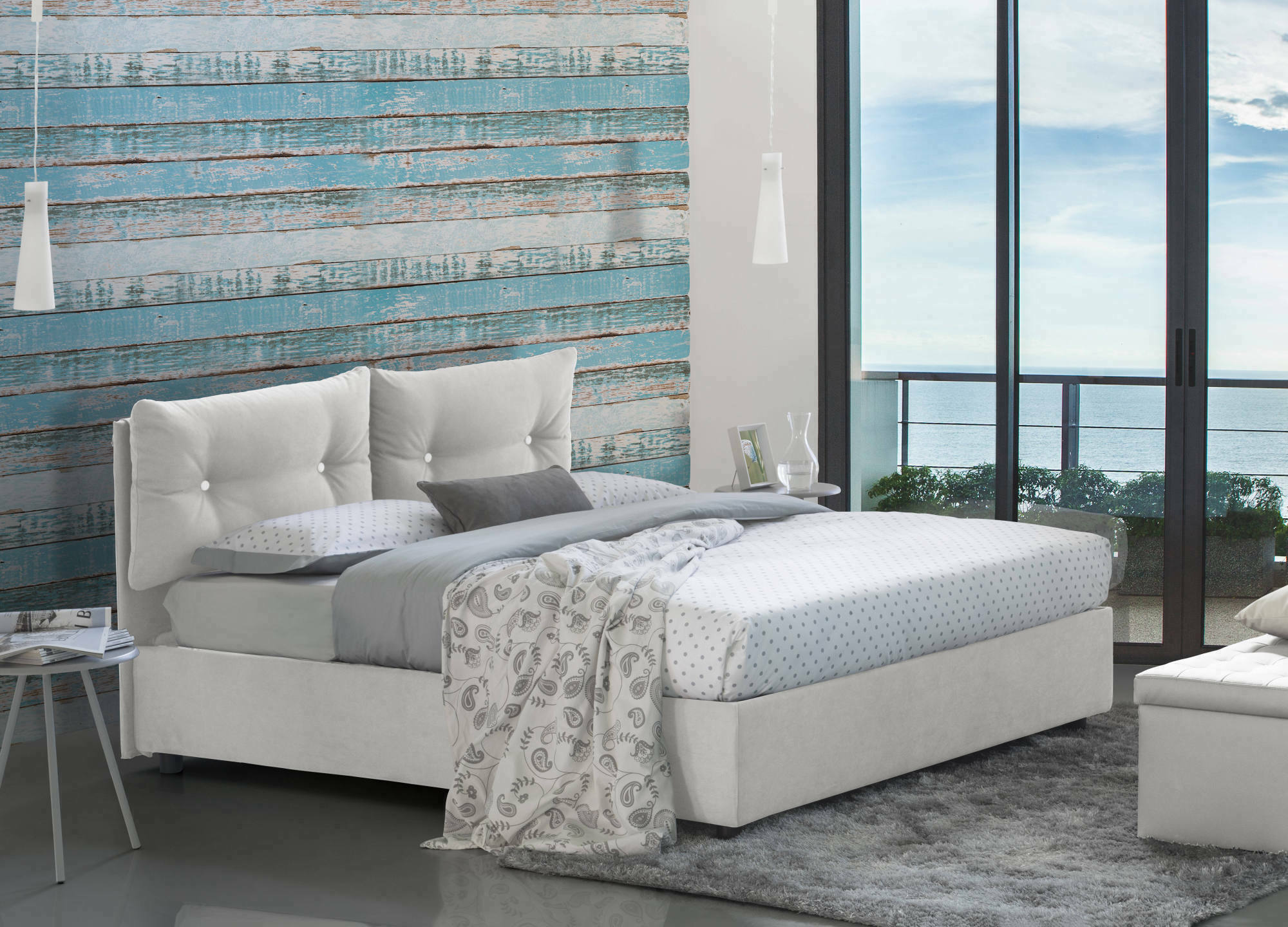 Letto matrimoniale Calcite, Letto contenitore con rivestimento in tessuto, Made in Italy, Apertura frontale, con materasso cm 160x200 incluso, Bianco
