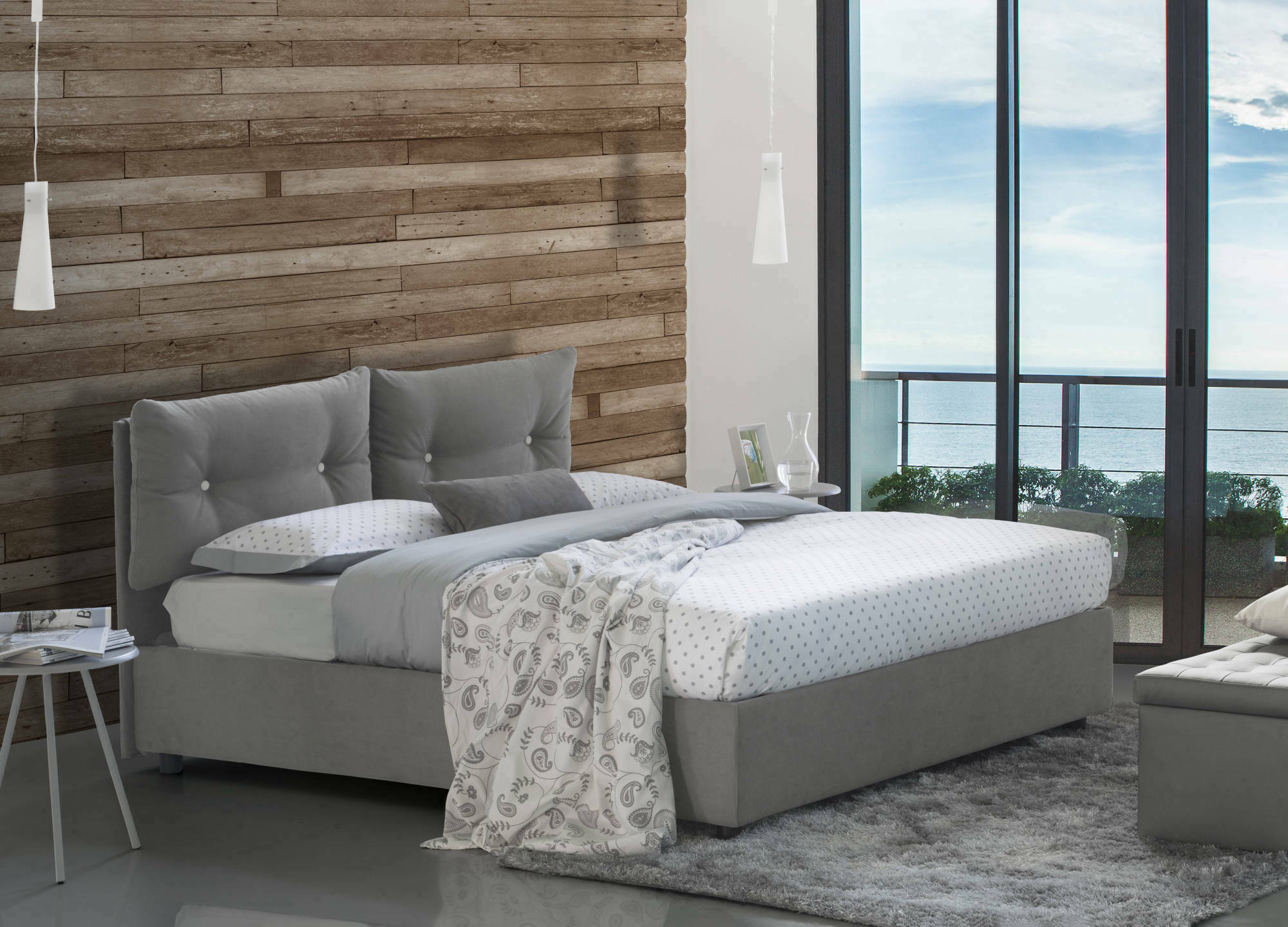 Letto matrimoniale Calcite, Letto contenitore con rivestimento in tessuto, Made in Italy, Apertura frontale, con materasso cm 160x200 incluso, Grigio