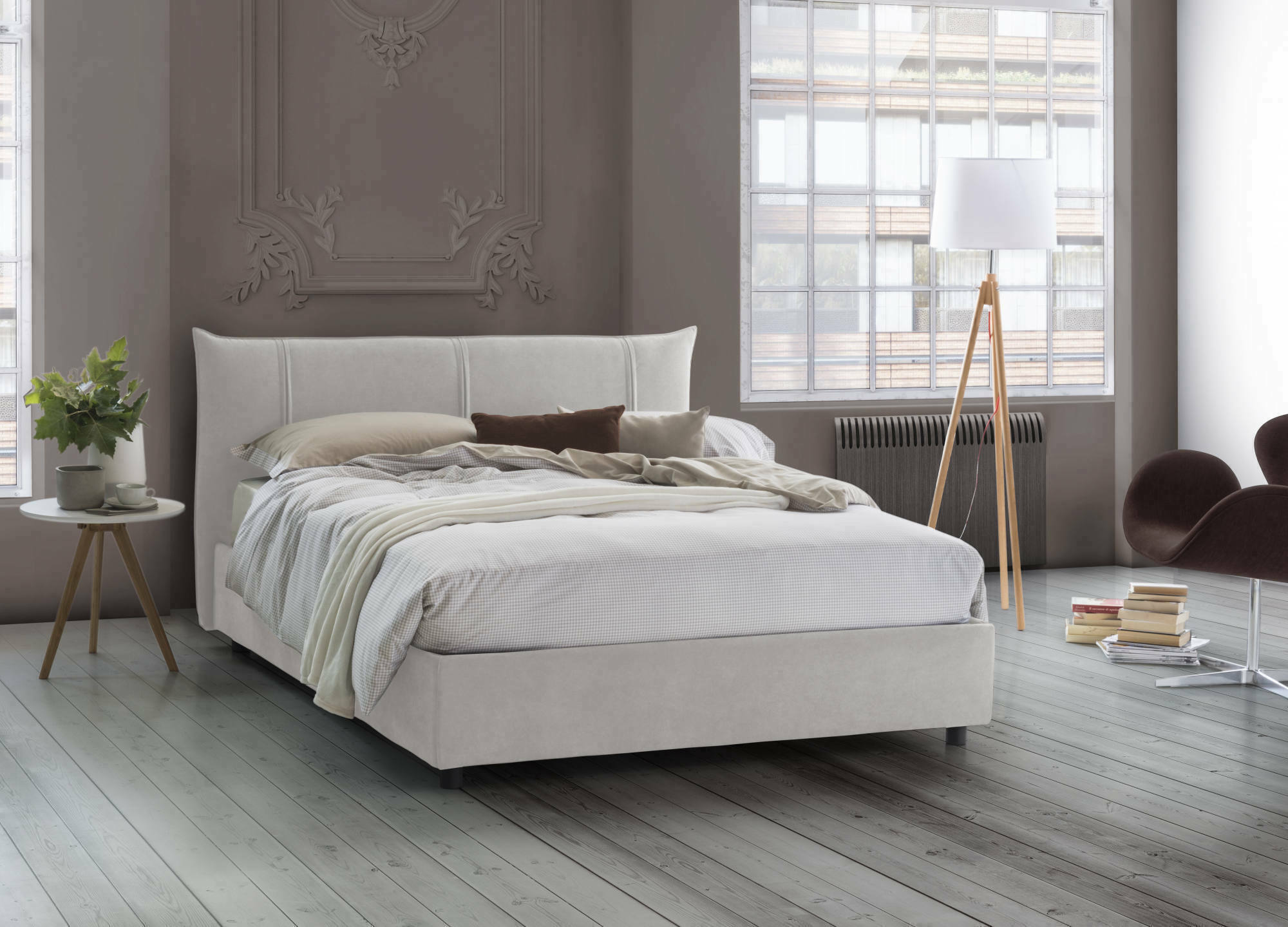 Letto matrimoniale Almond, Letto contenitore con rivestimento in tessuto, Made in Italy, Apertura frontale, con materasso 160x190 cm incluso, Bianco