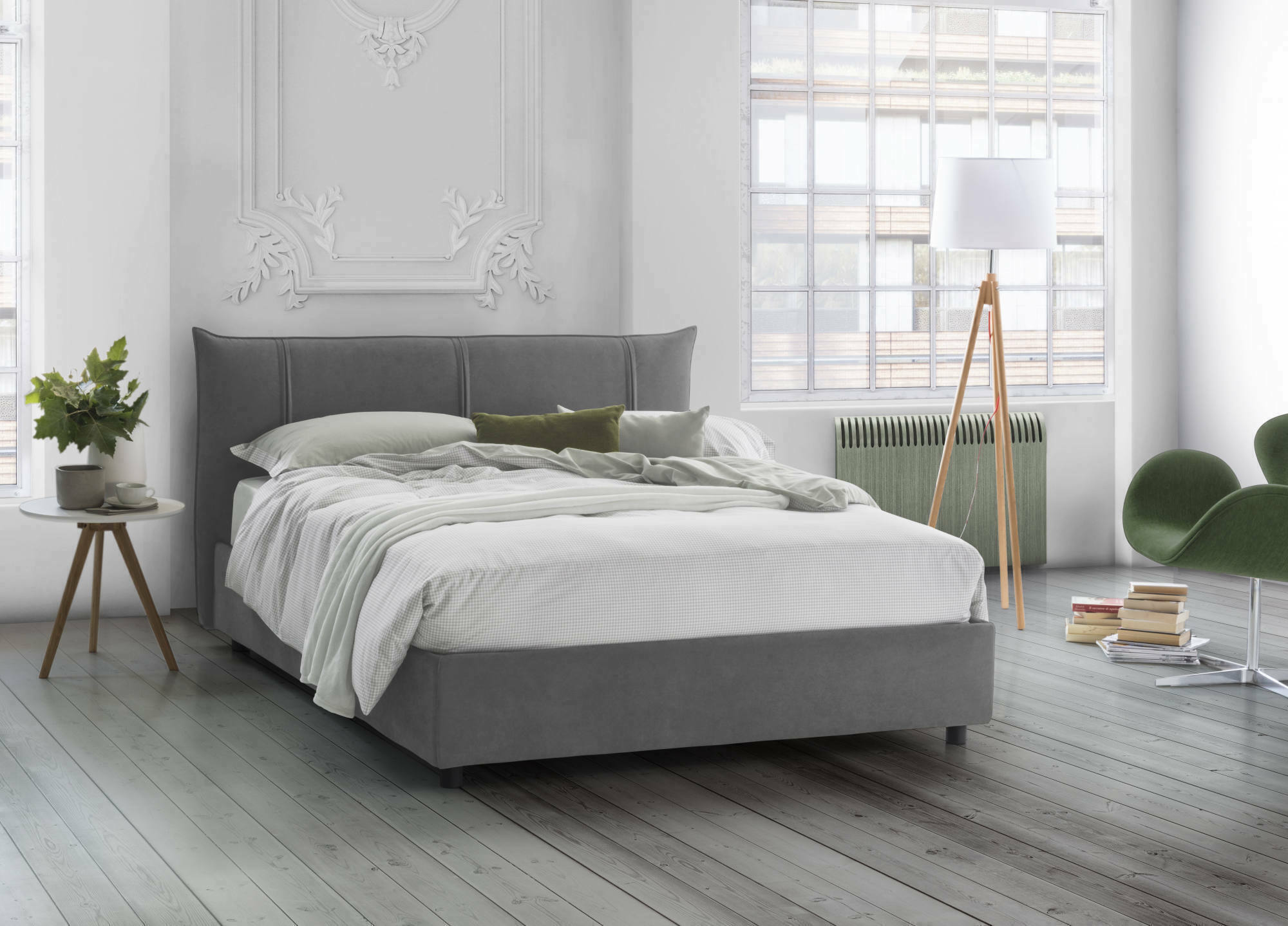 Letto matrimoniale Geras, Letto contenitore con rivestimento in tessuto, Made in Italy, Apertura frontale, con materasso 160x200 cm incluso, Grigio