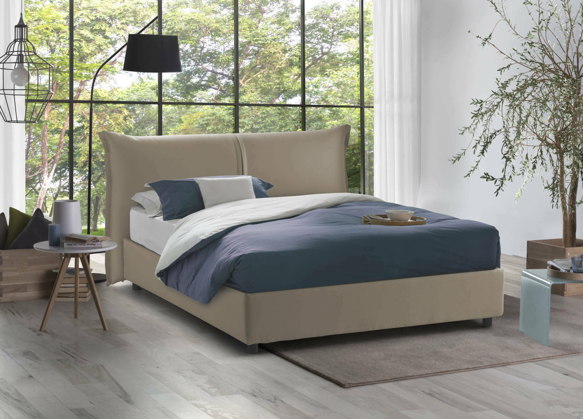 Letto matrimoniale Alabaster, Letto contenitore con rivestimento in tessuto, Made in Italy, Apertura frontale, adatto per materasso 160x190 cm, Tortora