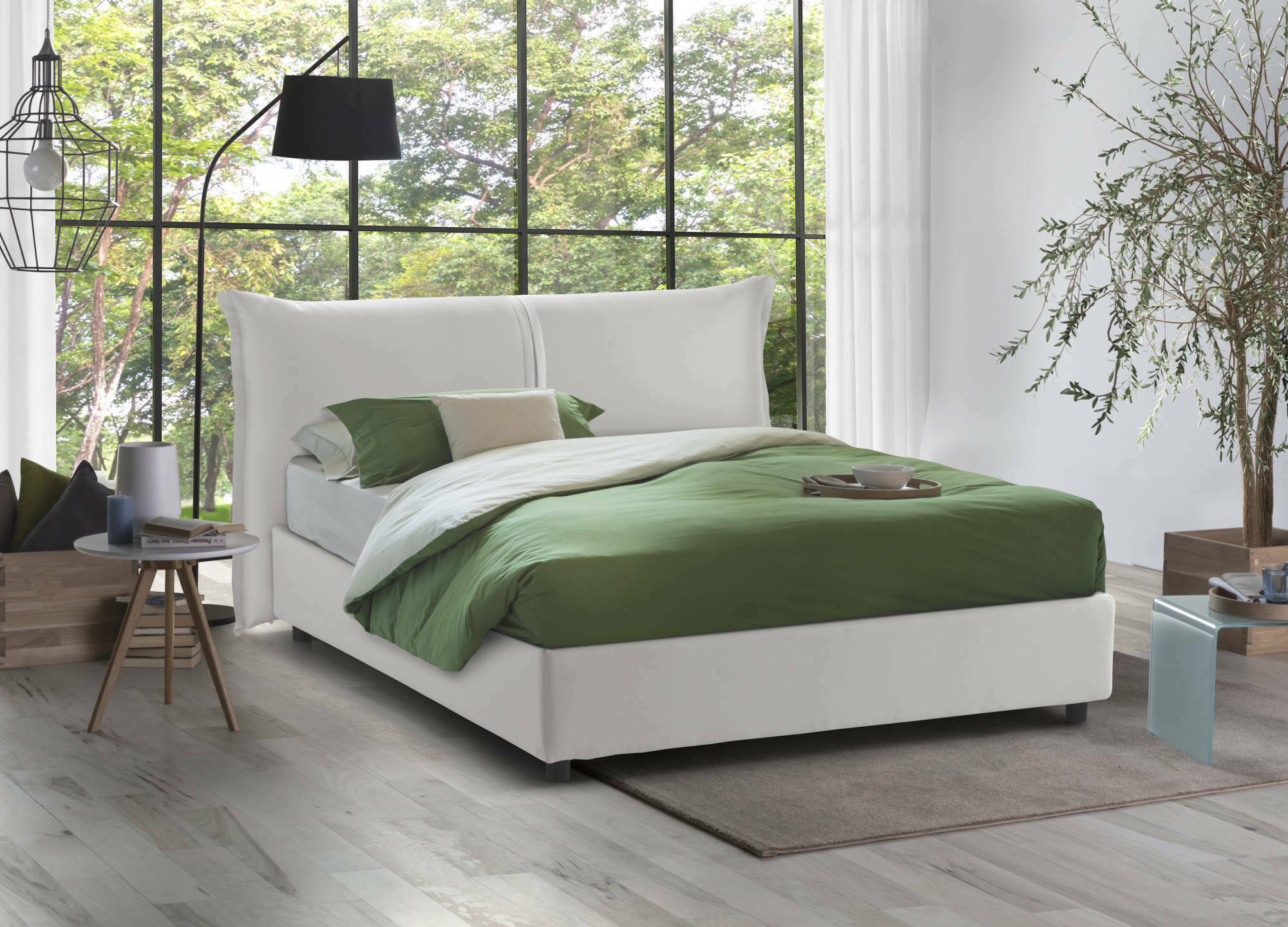 Letto matrimoniale Aldus, Letto contenitore con rivestimento in tessuto, Made in Italy, Apertura frontale, con materasso 160x200 cm incluso, Bianco