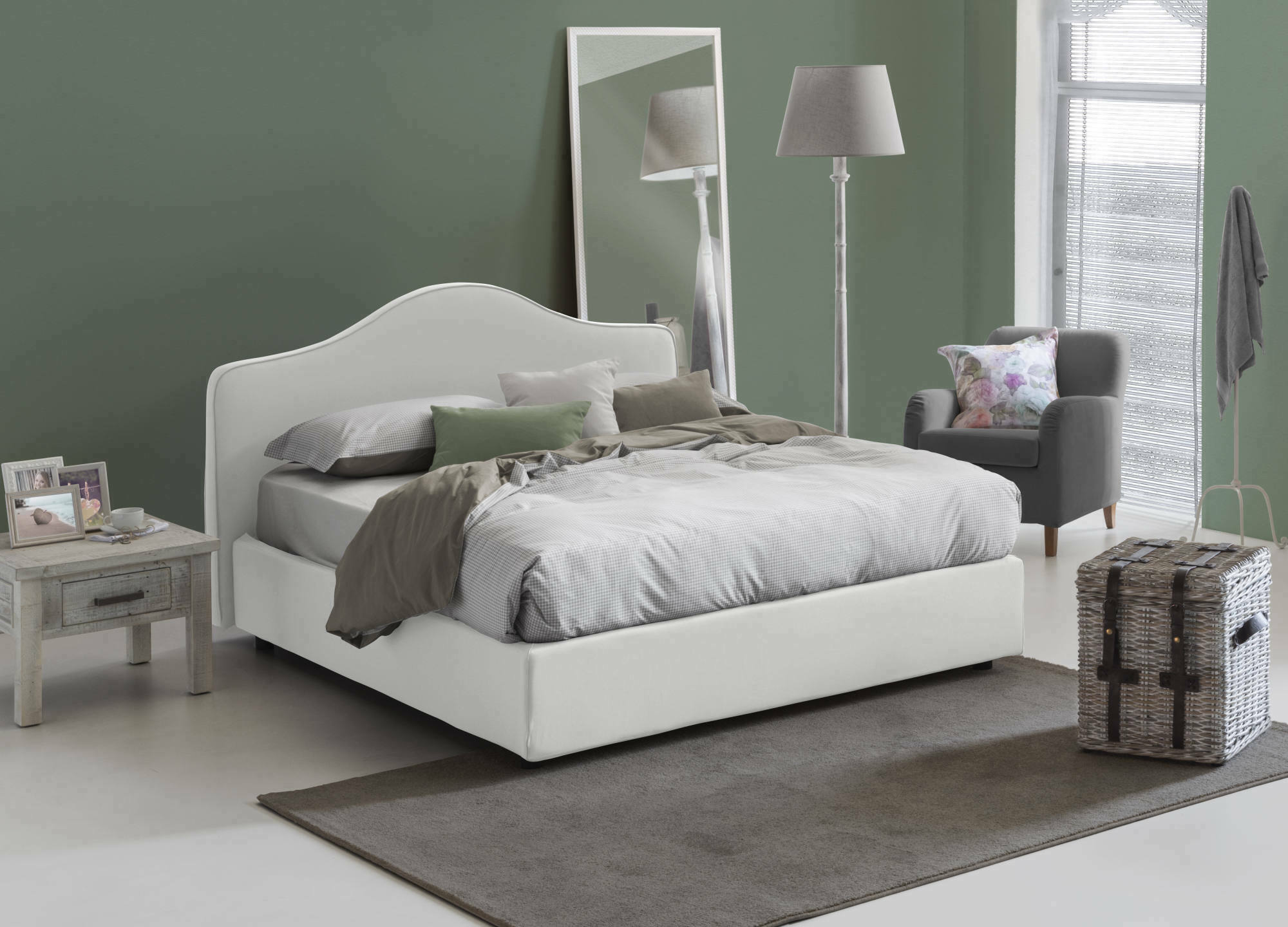 Letto matrimoniale Alborella, Letto contenitore con rivestimento in tessuto, Made in Italy, Apertura frontale, adatto per materasso 160x200 cm, Bianco
