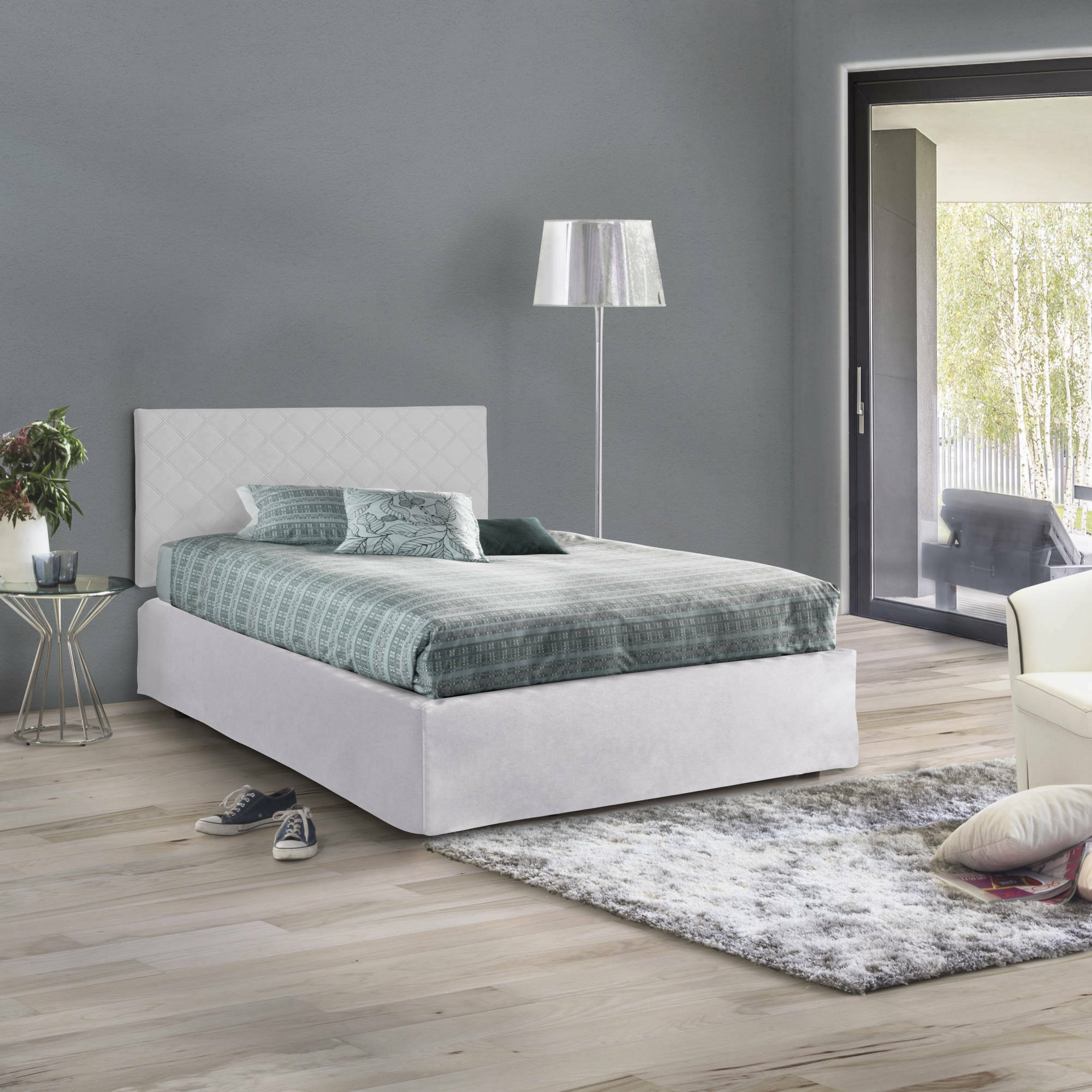 Letto piazza e mezza Opale, Set testata in ecopelle con rete ortopedica e mantovana, Made in Italy, con materasso incluso, cm 120x190, Bianco