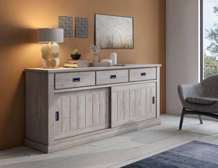 Credenza 0, Buffet stile vintage a 2 ante e cassetti, Madia con ripiani, Mobile da soggiorno, Rovere anticato, Cm 220x50h95