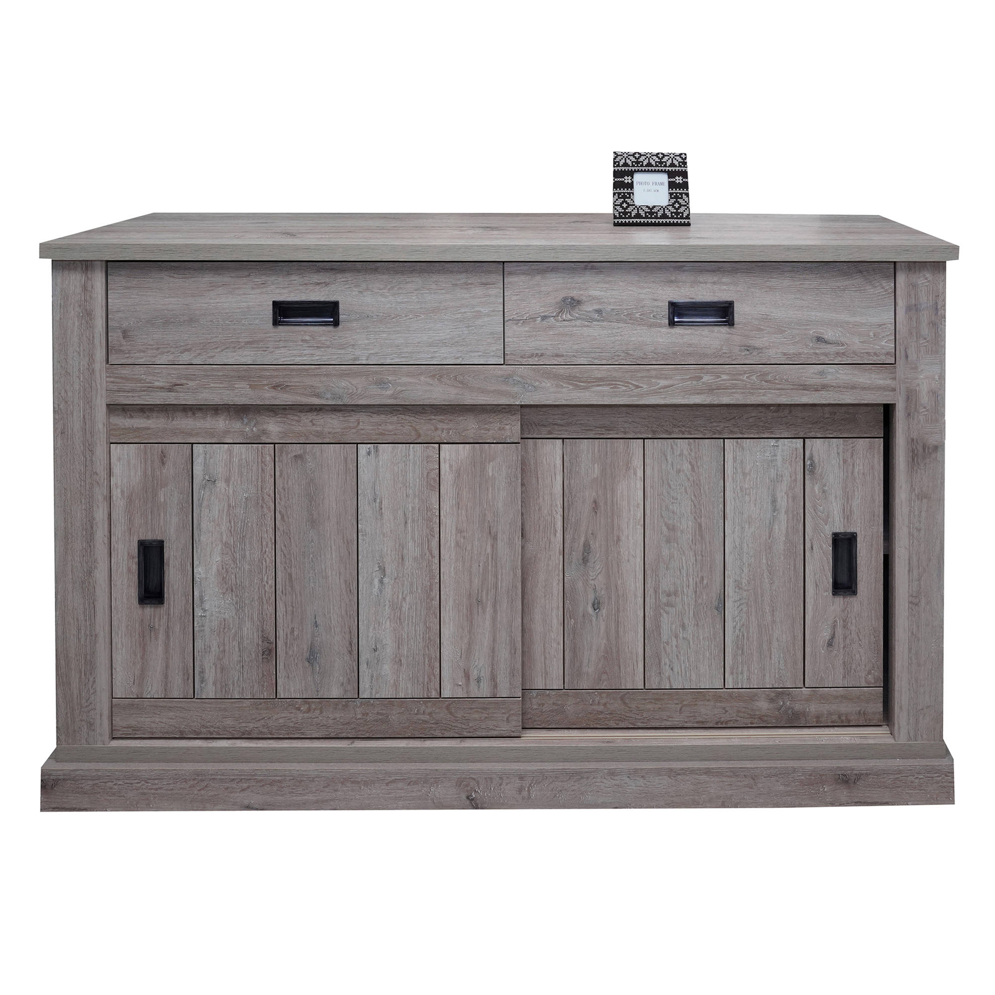 Credenza 0, Buffet stile vintage a 2 ante e cassetti, Madia con ripiani, Mobile da soggiorno, Rovere anticato, Cm 150x50h95