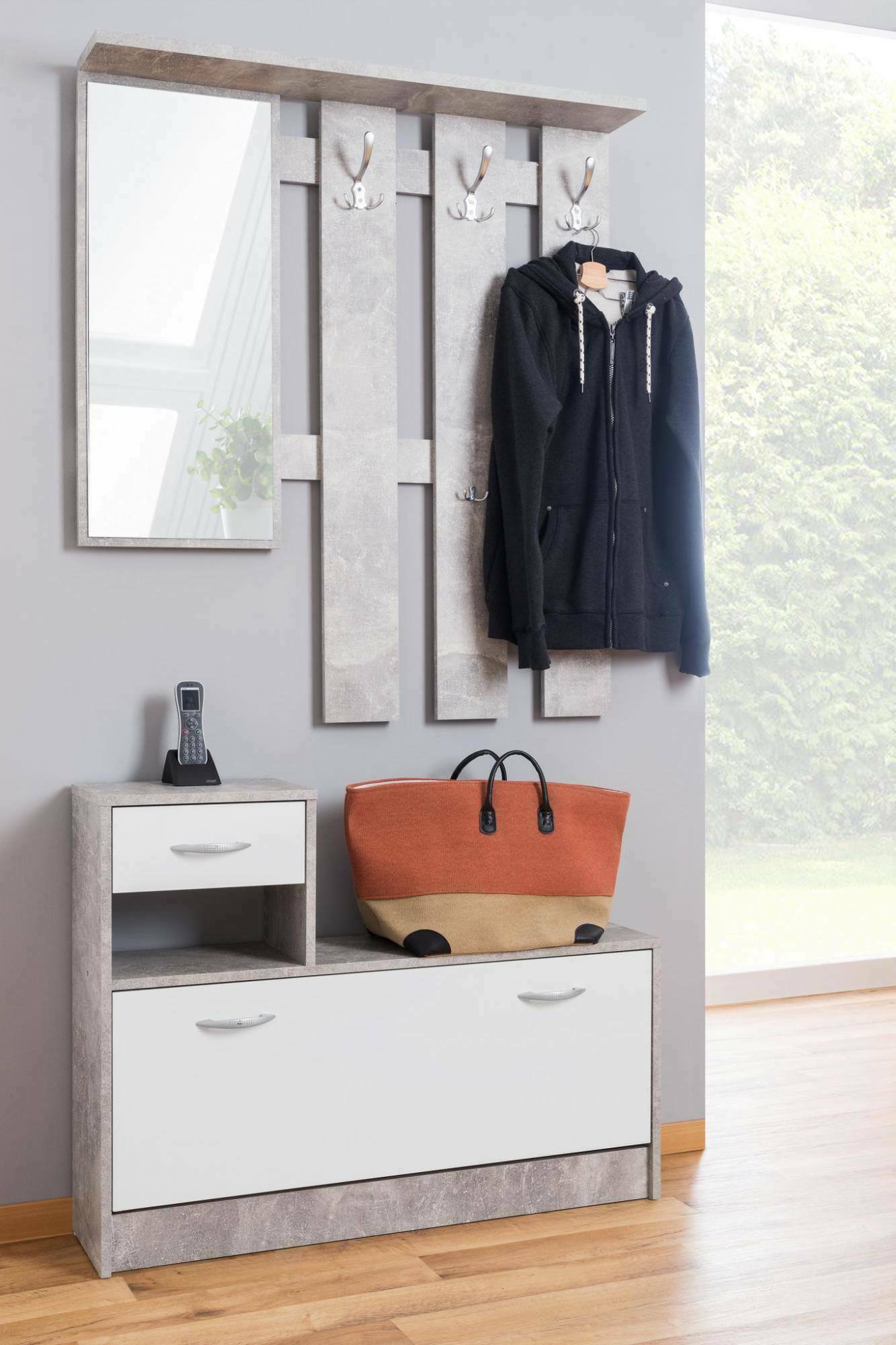 Mobile da ingresso Dazio, Entratina moderna con specchiera, Mobile con scarpiera, Mobile svuotatasche, Cm 100x25h180, Bianco e Cemento