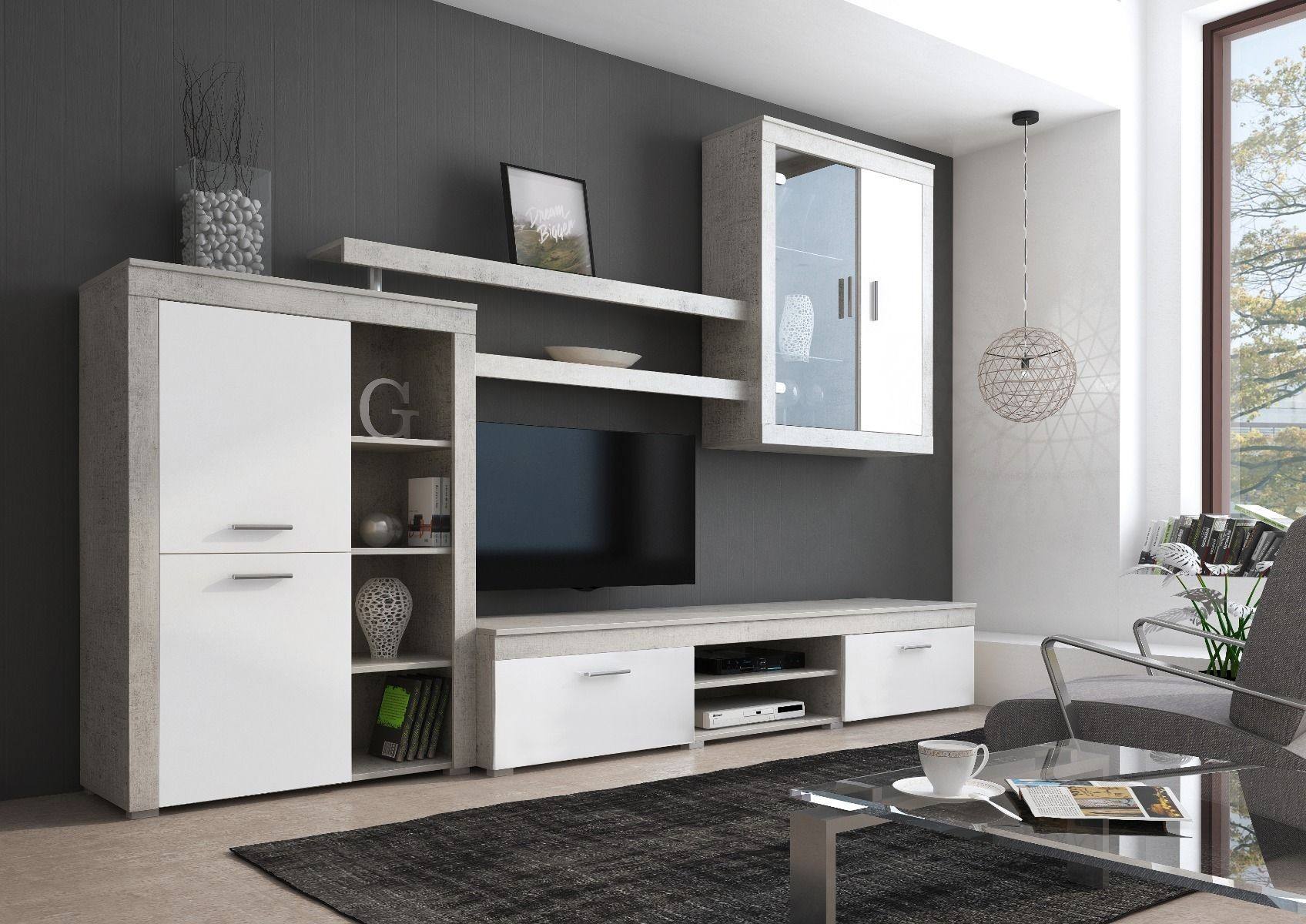 Parete attrezzata 0, Mobile porta TV moderno con Ante e ripiani, Set salotto completo con vetrinetta, Made in Italy, Cm 293x50h144, Bianco e Cemento