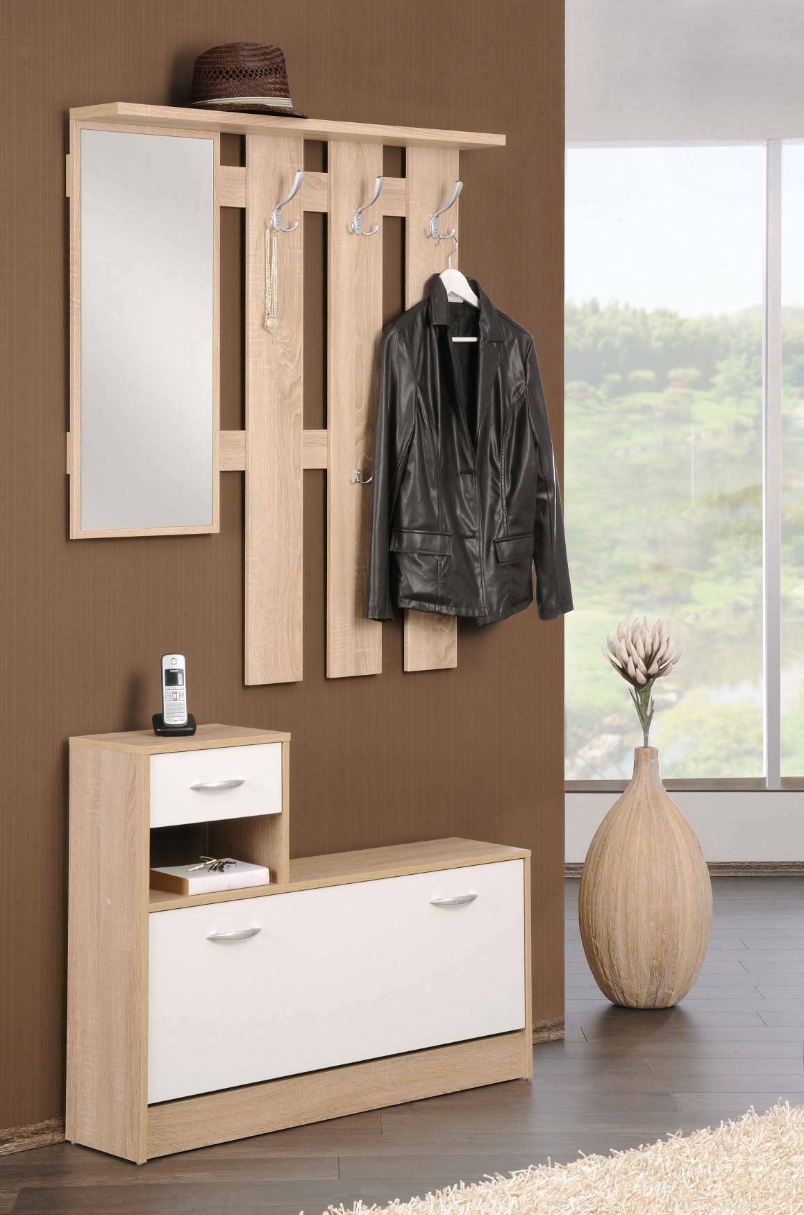 Mobile da ingresso Dazio, Entratina moderna con specchiera, Mobile con scarpiera, Mobile svuotatasche, Cm 100x25h181, Bianco e Rovere