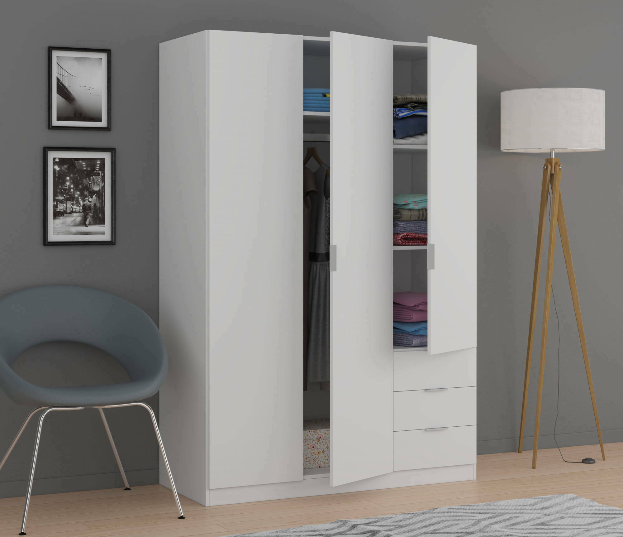 Guardaroba Dnespol, Armadio per camera da letto a 3 ante e 3 cassetti, Mobile con 3 ripiani e barra appendiabiti, cm 121x52h180, Bianco