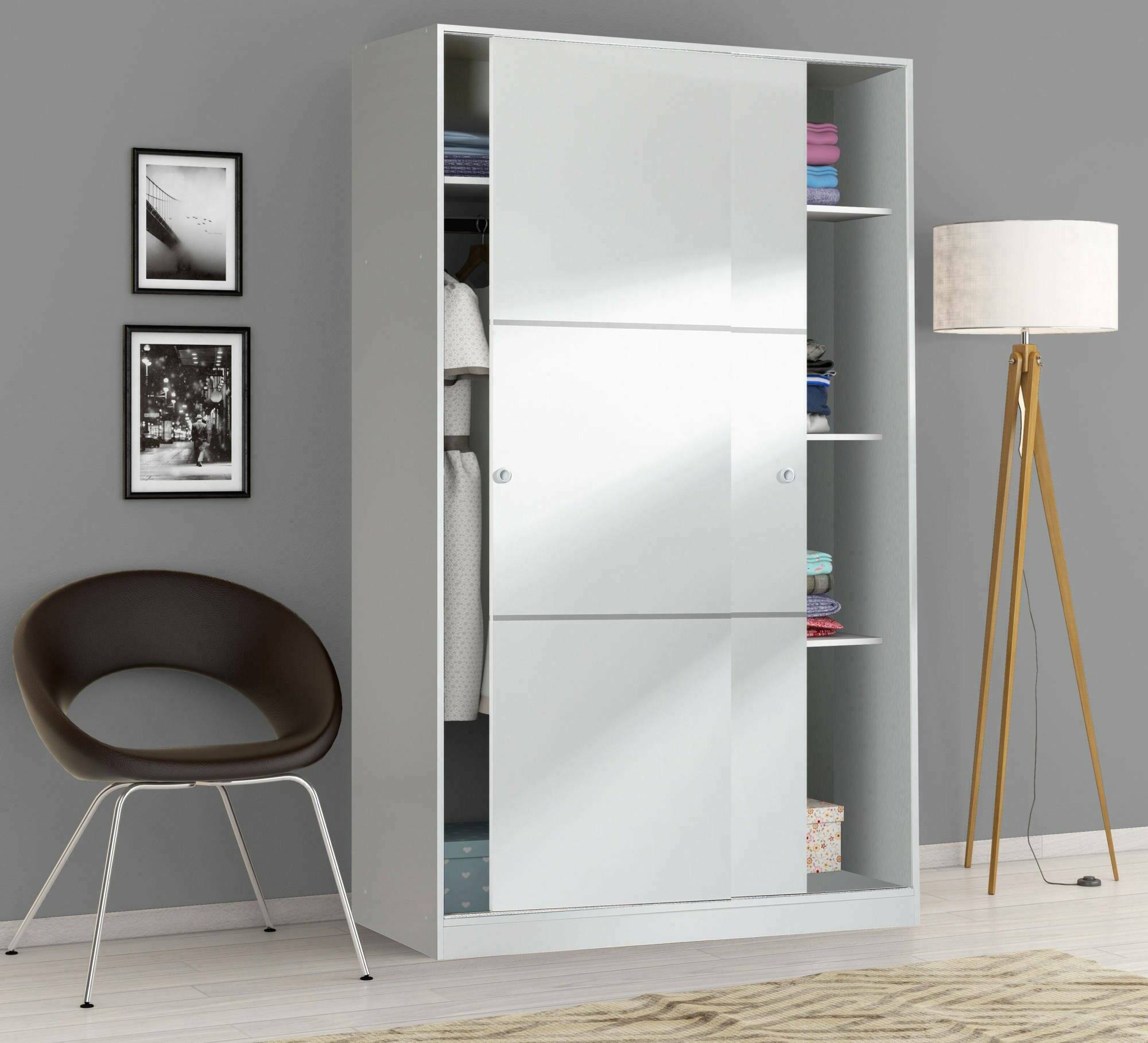 Guardaroba Adrenalin, Armadio per camera da letto a 2 ante scorrvoli, Mobile con 3 ripiani e barra appendiabiti, cm 120x50h200, Bianco