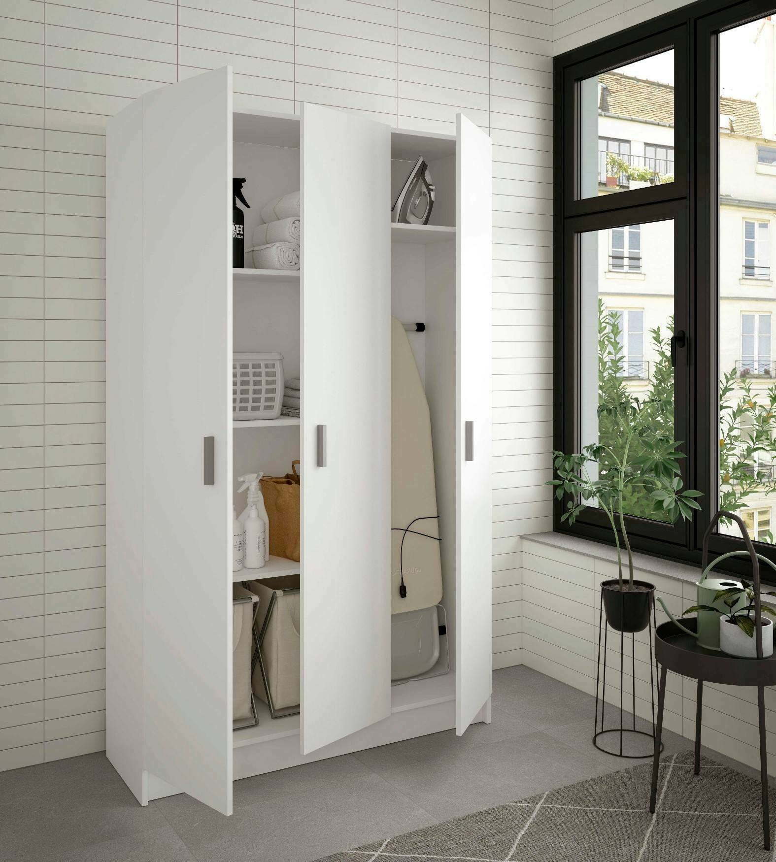 Armadio multiuso Ranuncolo, Mobile ausiliario a 3 ante, Guardaroba portascarpe, Guardaroba portascope, 109x37h180 cm, Bianco