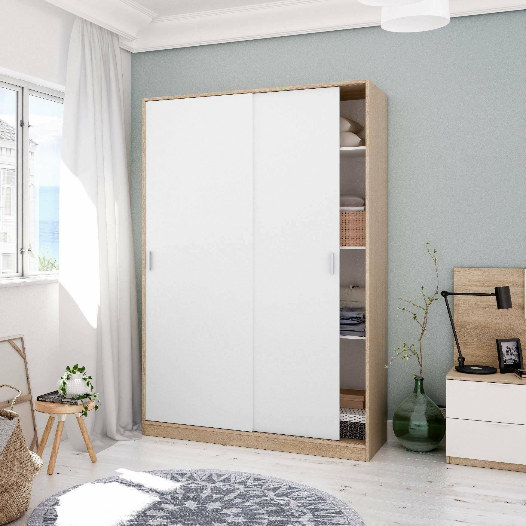 Guardaroba Adrenalin, Armadio per camera da letto a 2 ante scorrvoli, Mobile con 3 ripiani e barra appendiabiti, cm 120x50h200, Rovere e Bianco