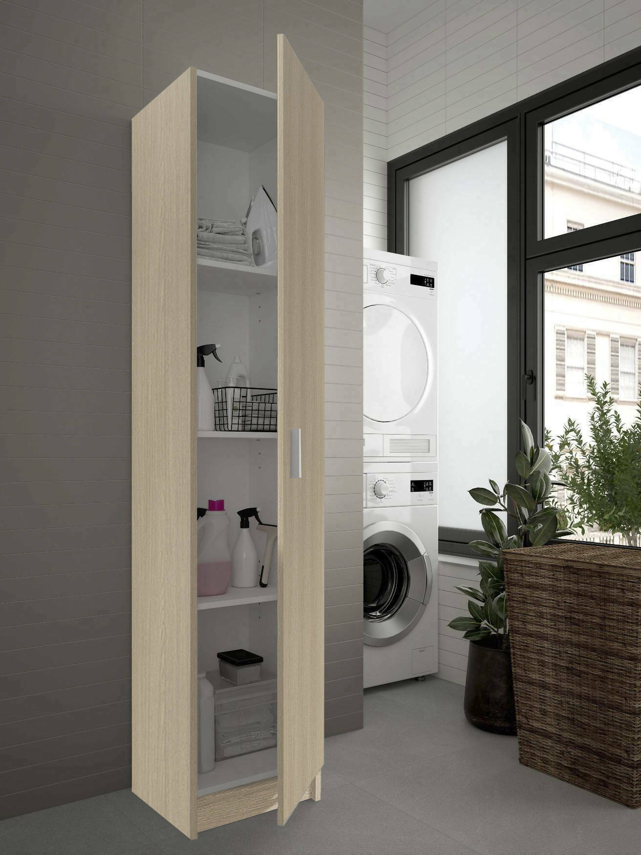 Armadio multiuso Alexander, Mobile ausiliario a 1 anta, Guardaroba portascarpe con ripiani, Scarpiera verticale, cm 37x37h180, Rovere