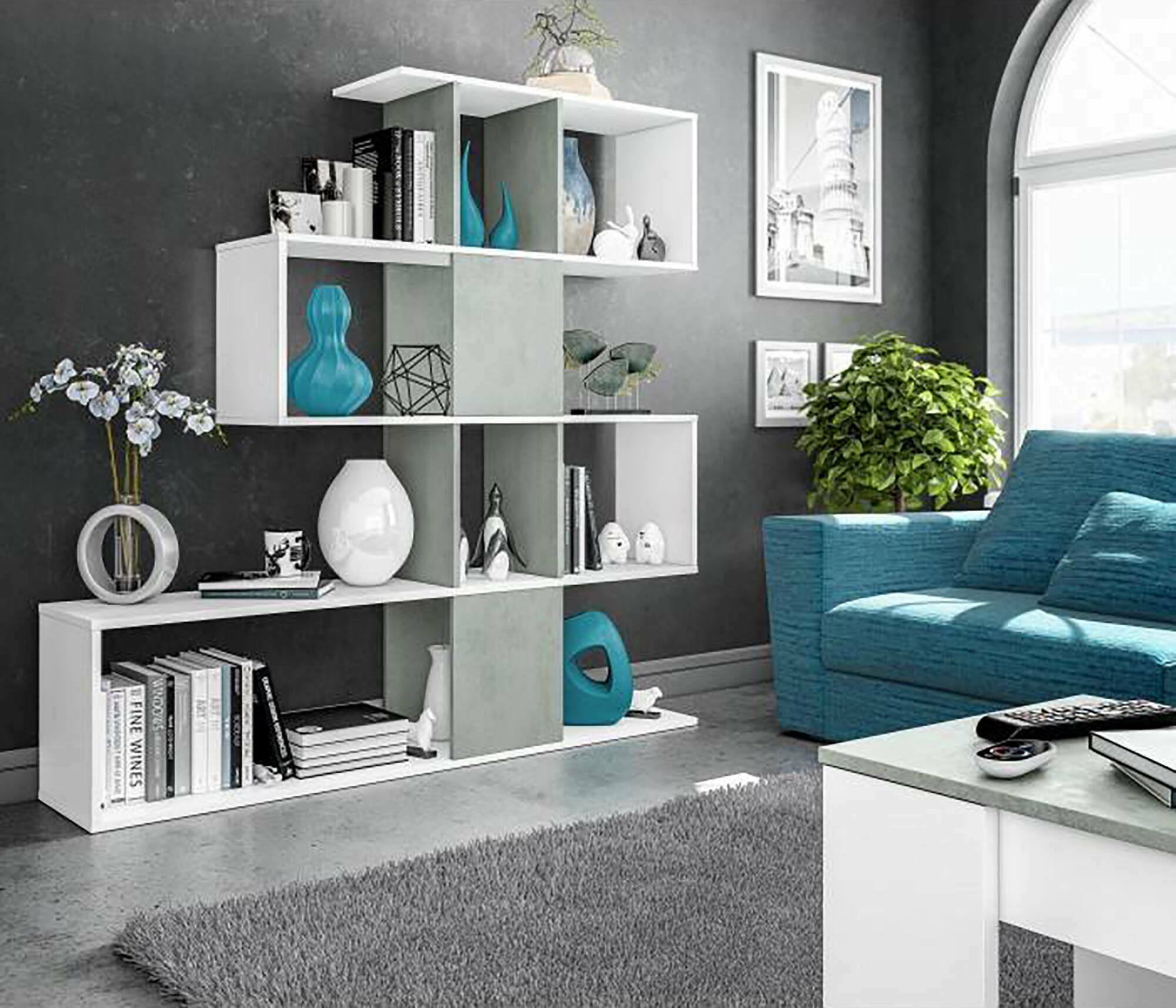 Libreria Aracnidi, Mobile portalibri con 7 scomparti, Scaffale moderno da ufficio, Mobile da parete con ripiani, cm 145x28h145, Bianco e Cemento