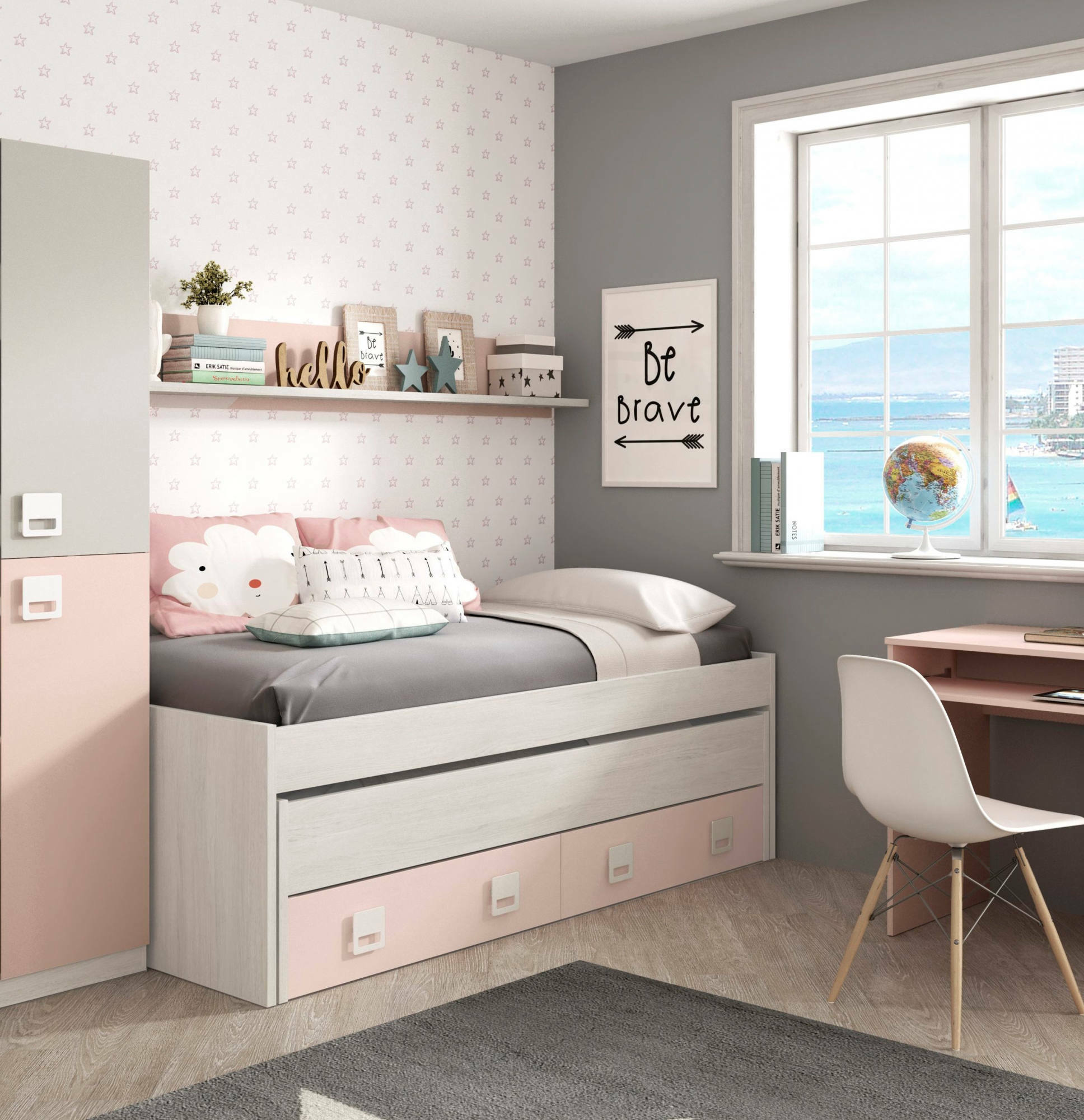 Letto singolo Asi, Struttura letto per cameretta, Letto singolo con lettino estraibile e 2 cassetti e mensola abbinata, cm 199x96h65, Bianco e Rosa