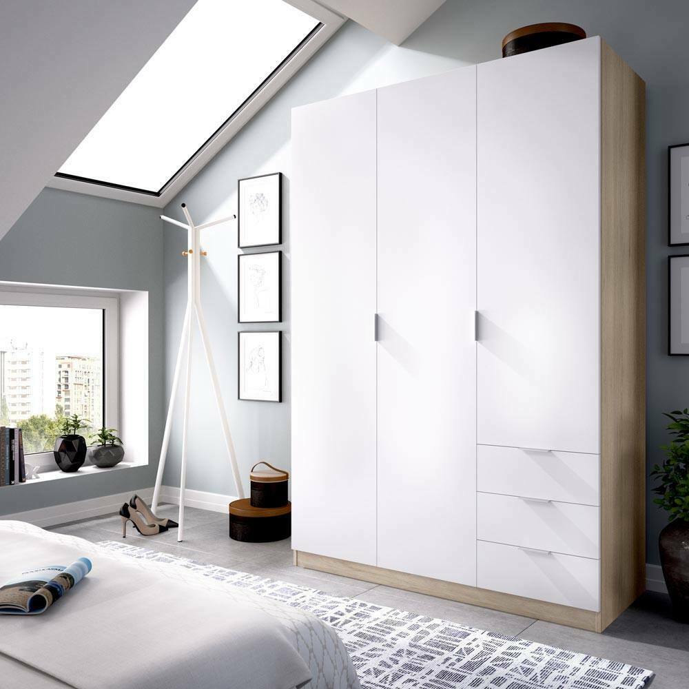 Guardaroba Apaches, Armadio per camera da letto a 3 ante e 3 cassetti, Mobile con barra appendiabiti e 3 ripiani cm 121x80h180, Bianco e Rovere