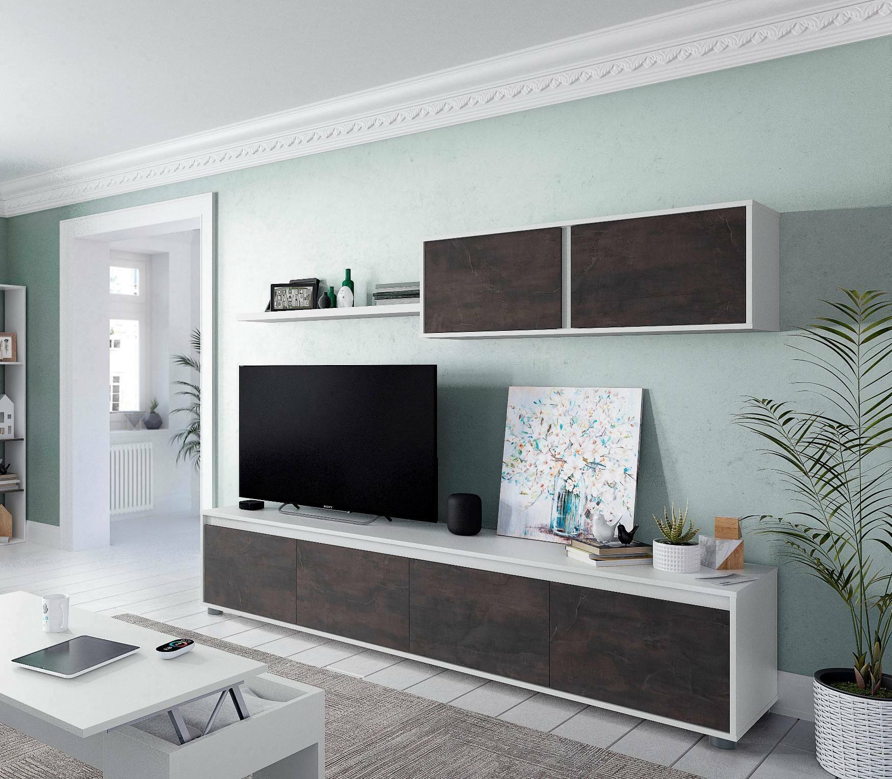 Parete attrezzata Amir, Mobile da soggiorno porta TV, Composizione set salotto, Set salotto con pensile, cm 200x41h43, Bianco e Ossido