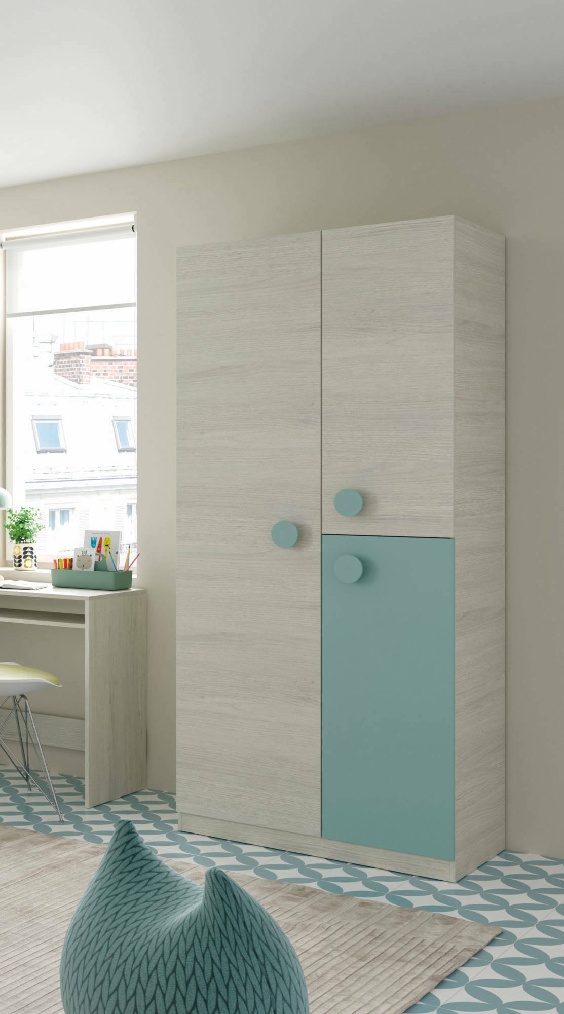 Guardaroba Aronia, Armadio per cameretta, Mobile a 3 ante e 3 ripiani con barra appendiabiti, cm 90x52h200, Bianco e Verde acqua